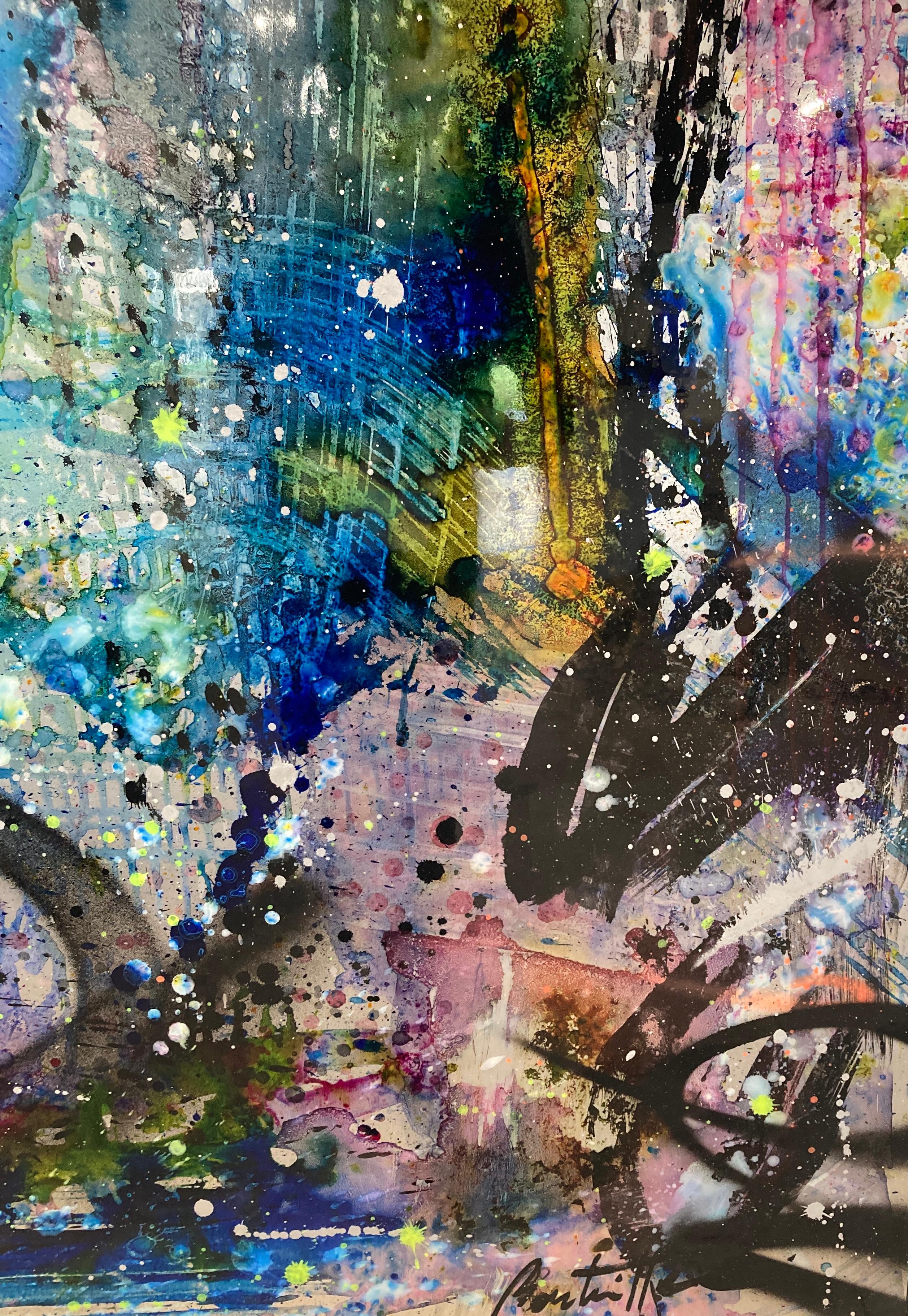 Mixed media on aluminum. 
Unique. 

Cedric Bouteiller is a French multidisciplinary urban artist known for his complex and layered mixed-media works. 

Born in 1970, Bouteiller studied Fine Arts and Philosophy in Marseilles, Aix-en-Provence. As a