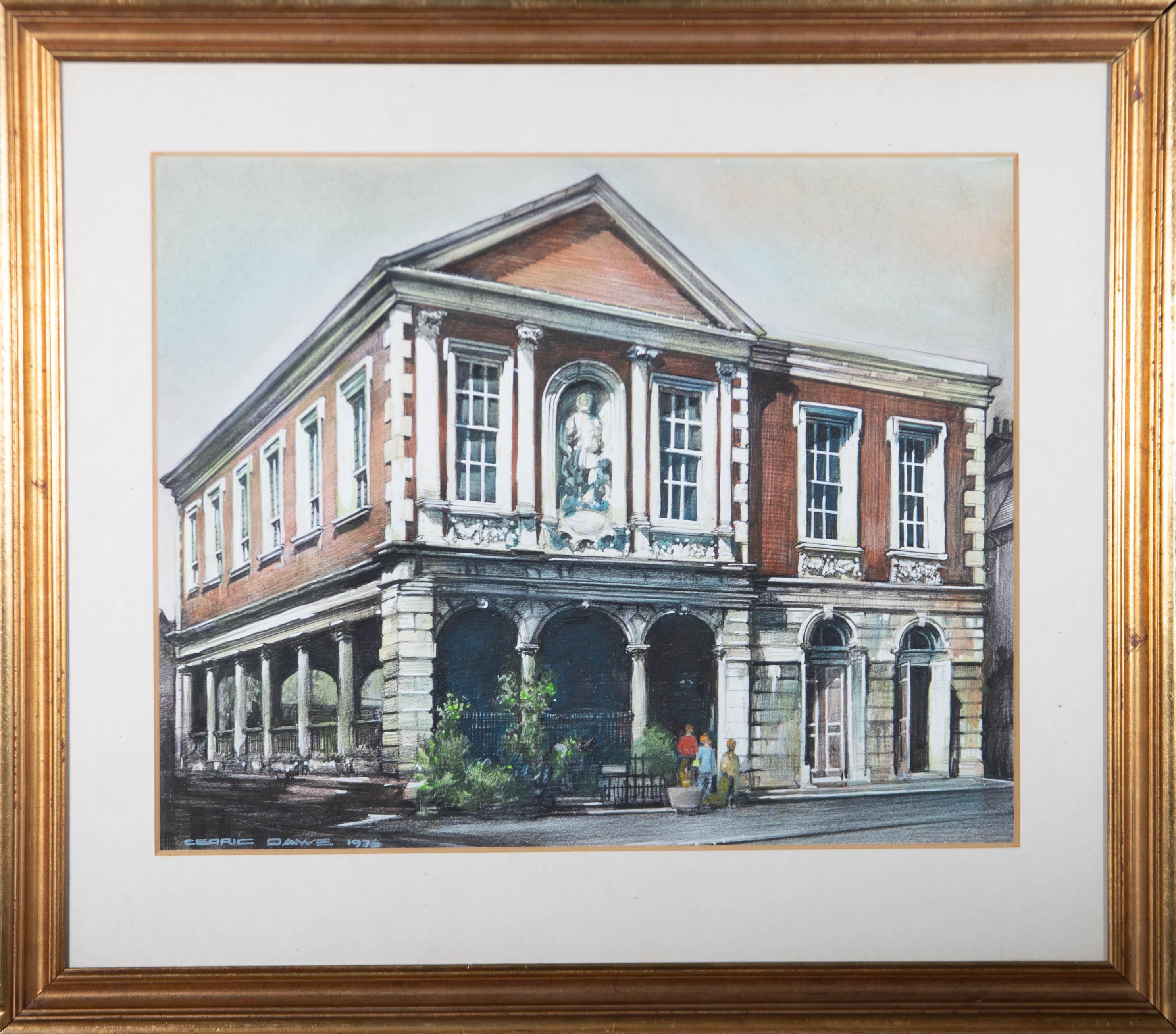 A striking architectural view of the guildhall in Windsor. The artist has used a range of media including gouache, watercolour, conte and graphite. The artist has signed and dated to the lower left corner and the drawing has been presented in a fine
