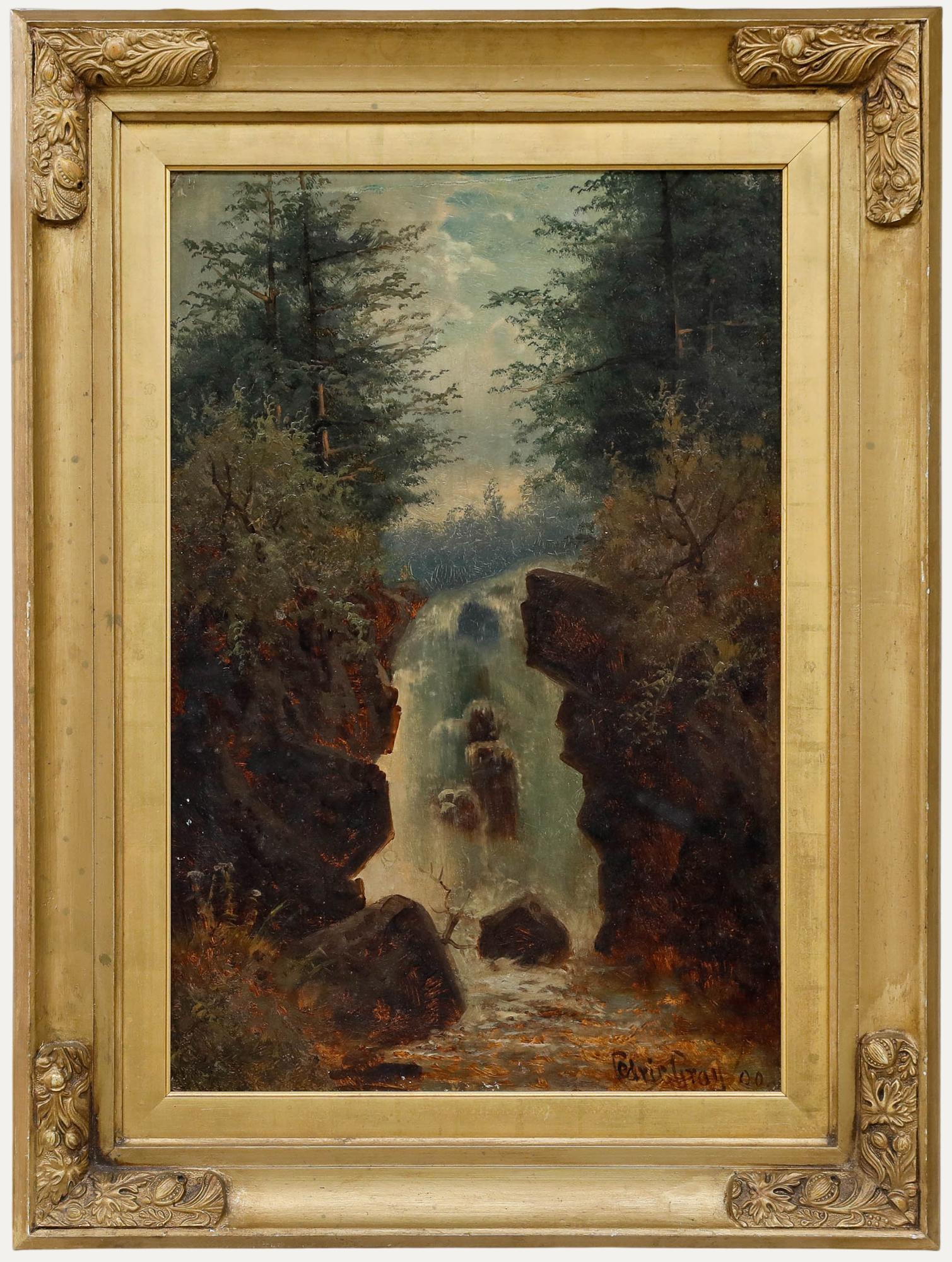 Questo suggestivo dipinto di paesaggio cattura la cruda bellezza di una cascata circondata da una fitta foresta di abeti. L'artista raffigura abilmente il gioco di luci e ombre, creando un senso di profondità e mistero mentre l'acqua rotola tra le