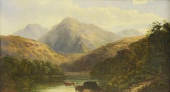 Highland Landscape Cattle Watering by the Loch, Victorian Oil Painting
