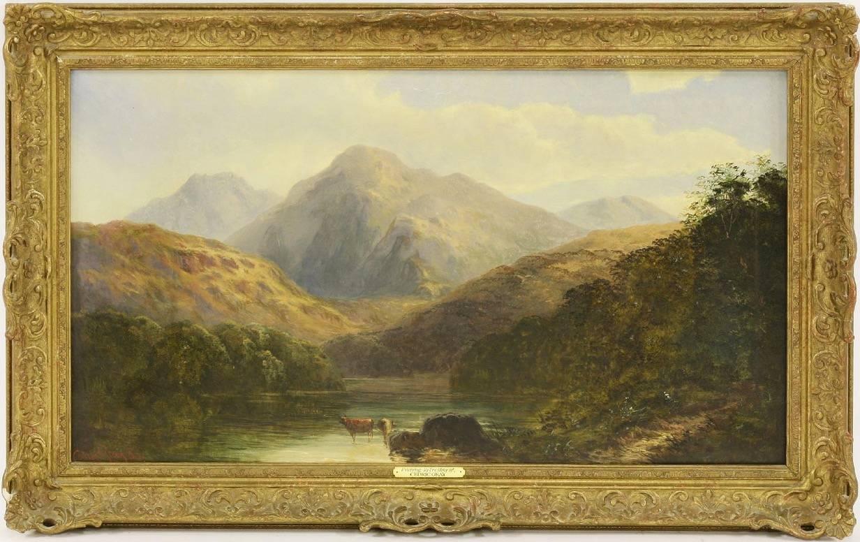 Cedric Gray Landscape Painting - Highland Landscape Cattle Watering by the Loch, Victorian Oil Painting