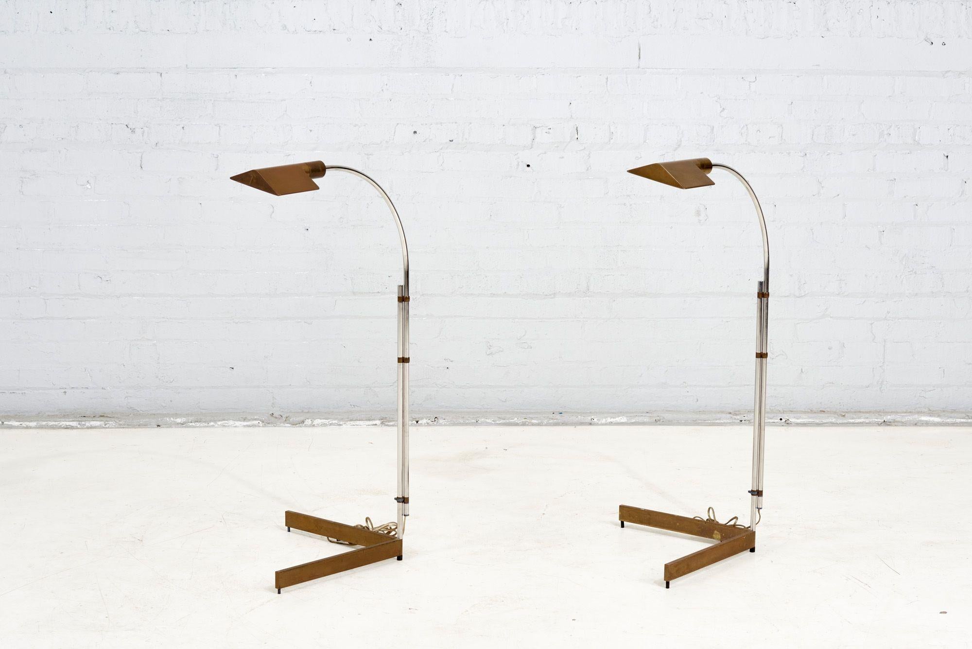 Pair Cedric Hartman 2WV adjustable brass floor lamp, 1966.  Dimmer is a lucite ball.  All original with beautiful patina.