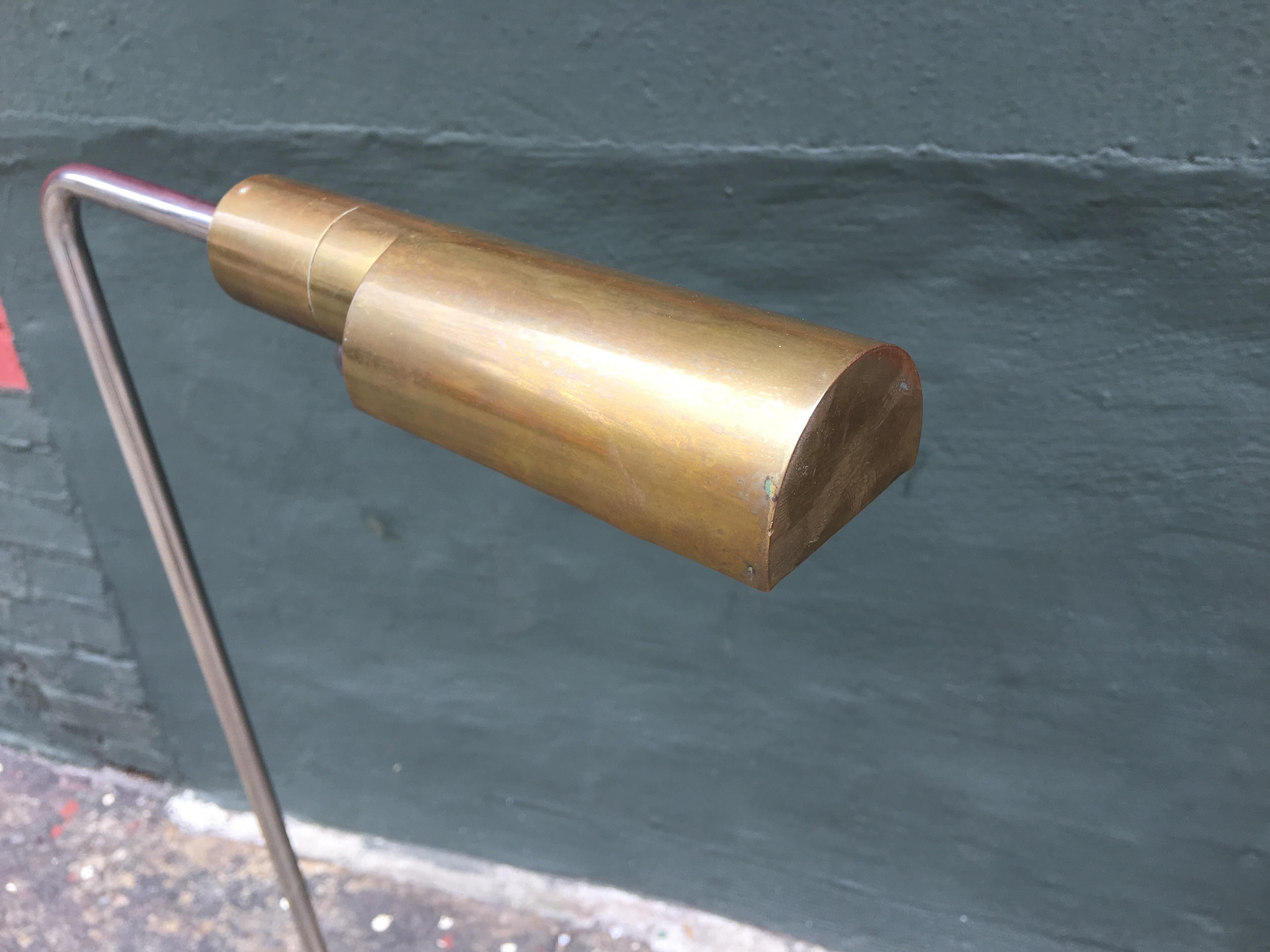 Cedric Hartman floor lamp with solid brass canopy and base, acrylic dimmer switch, and chrome support stem. Canopy swivels 360 degrees as does support stem. Brass has aged to a beautiful patina.