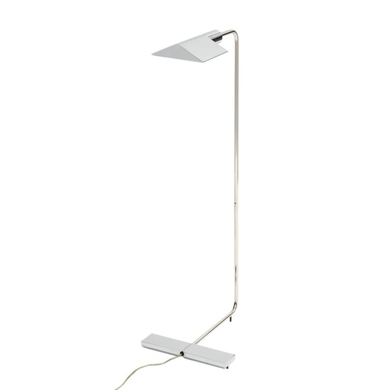 Cedric Hartman floor lamp, nickel chrome, Signed. High quality reading lamp in nickel chrome finish with acrylic ball dimmer on/off switch. The lamp is described on Cedric Hartman's website as a low profile luminaire model: 1MUWV with Flat bar M