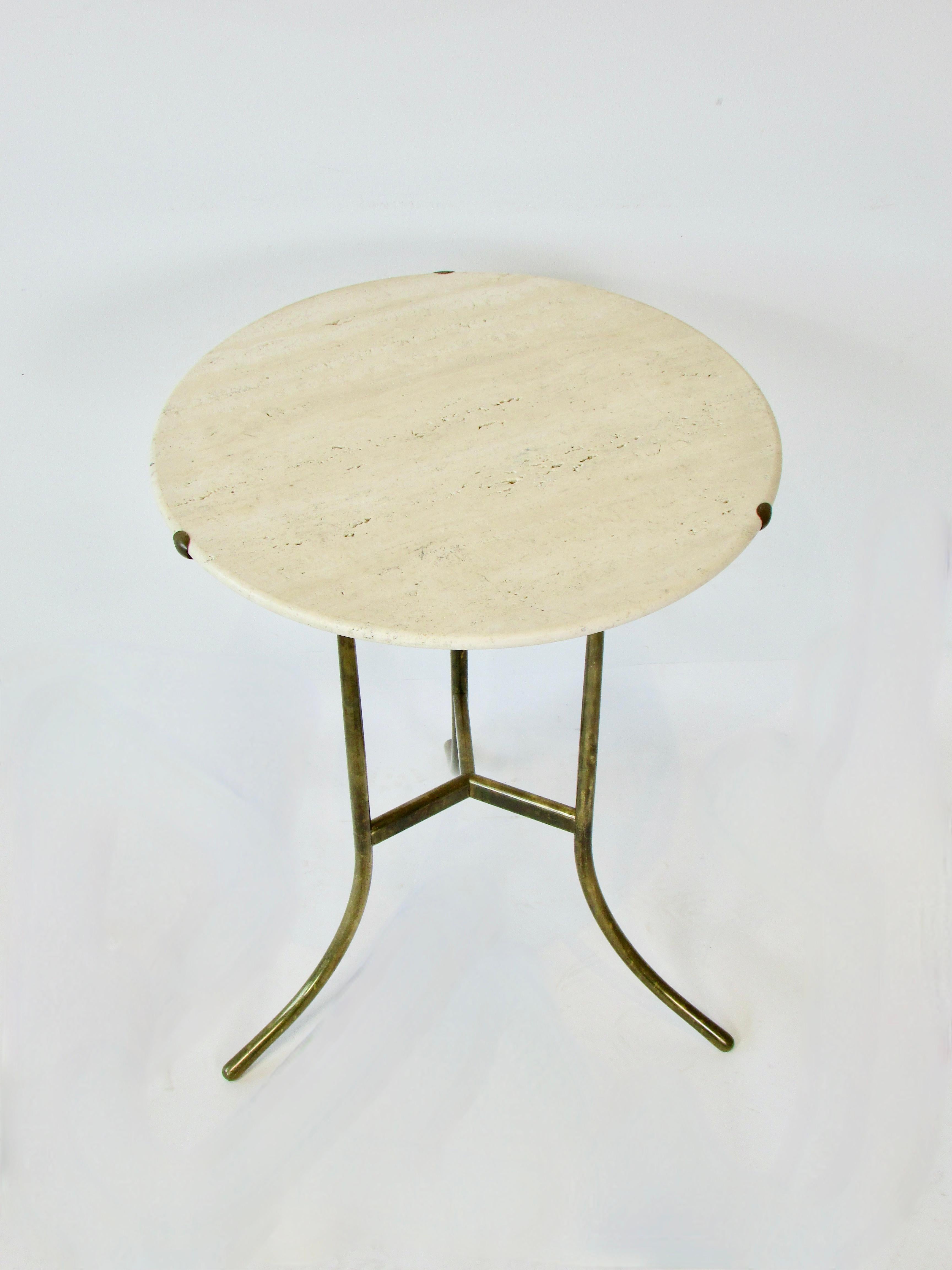 American Cedric Hartman Travertine Top AE Side Table on Brass Base   For Sale