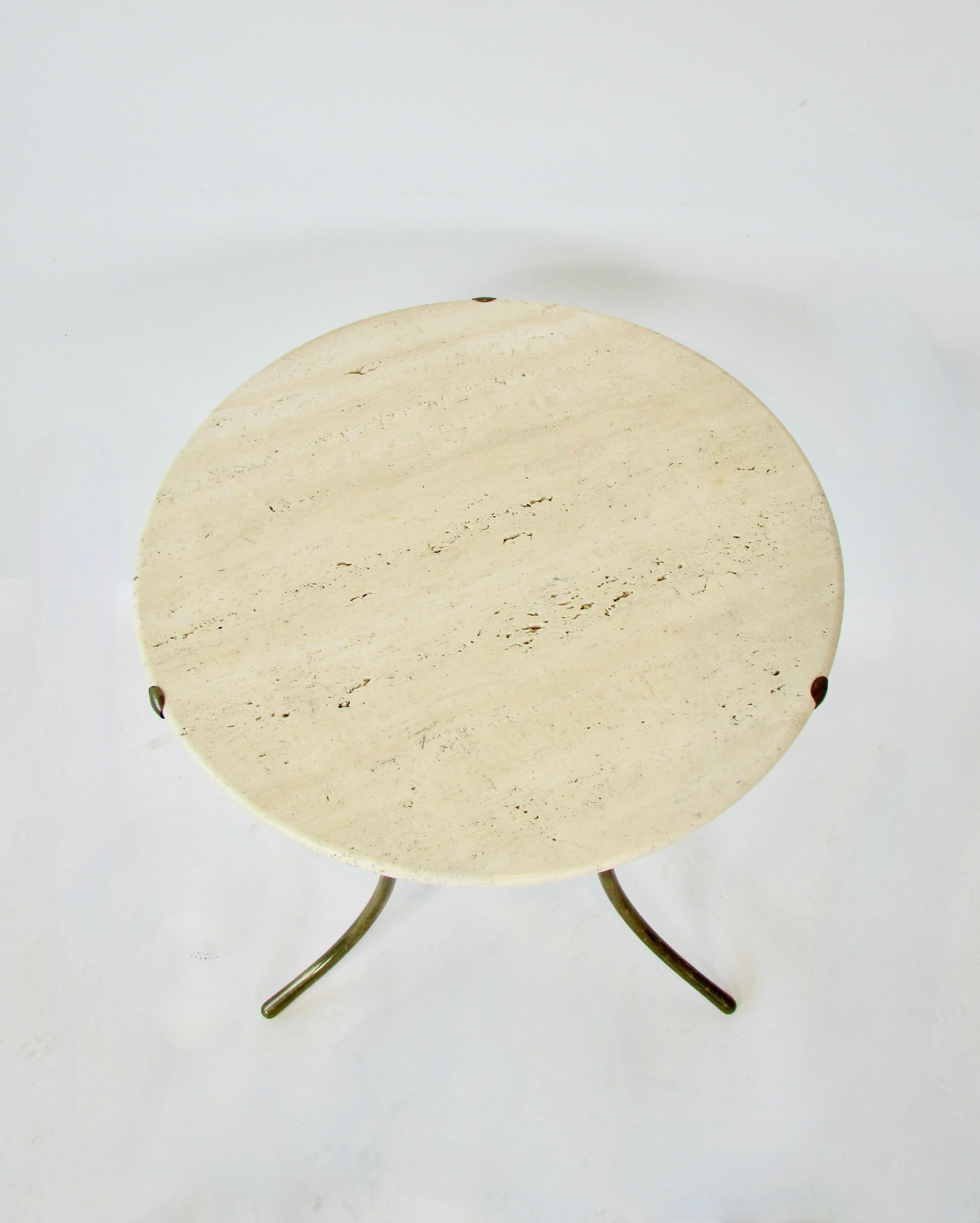 Polished Cedric Hartman Travertine Top AE Side Table on Brass Base   For Sale