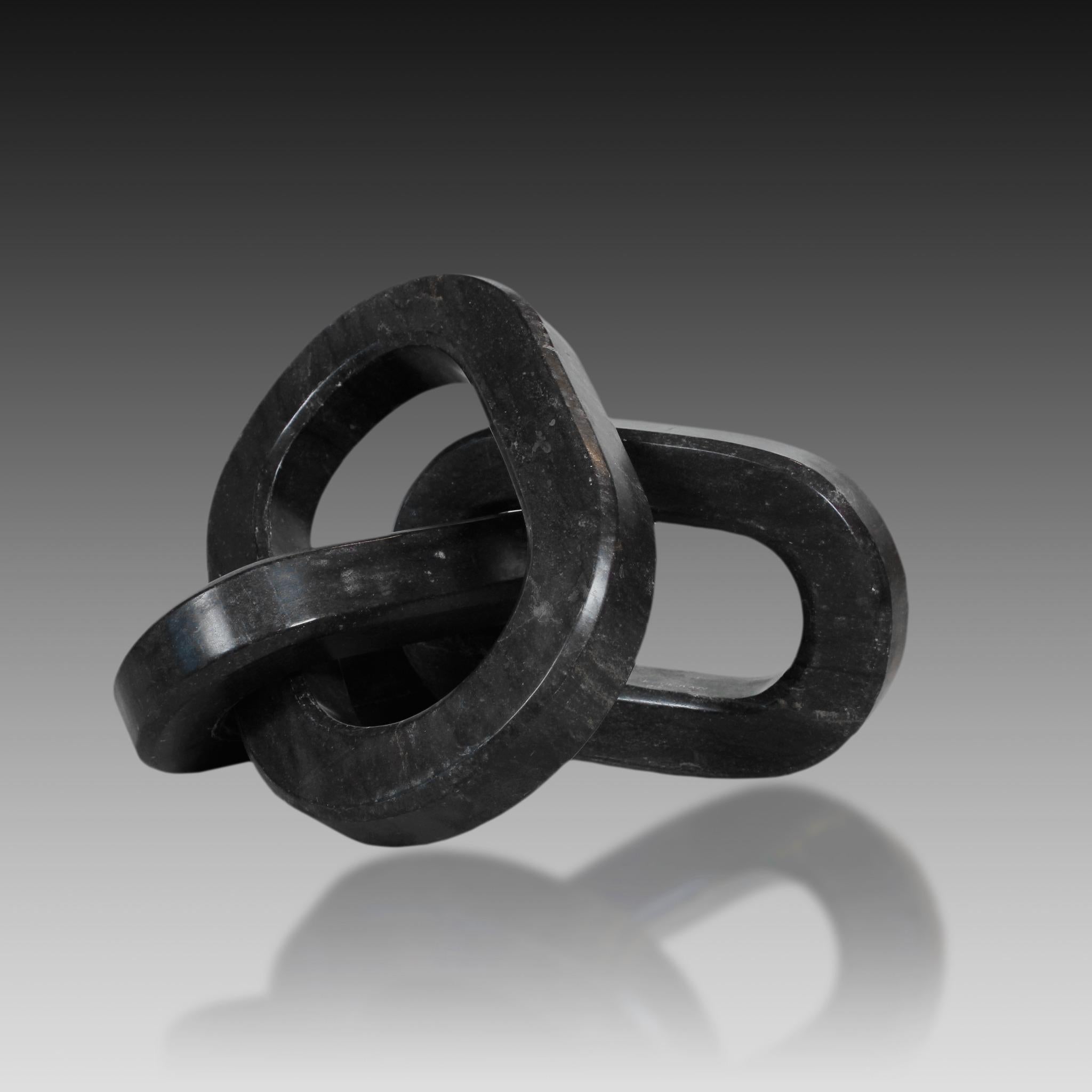 Cedric Koukjian Abstract Sculpture - Black Marble “LIAISON” with 3 links, Hand Carved Marble Sculpture 
