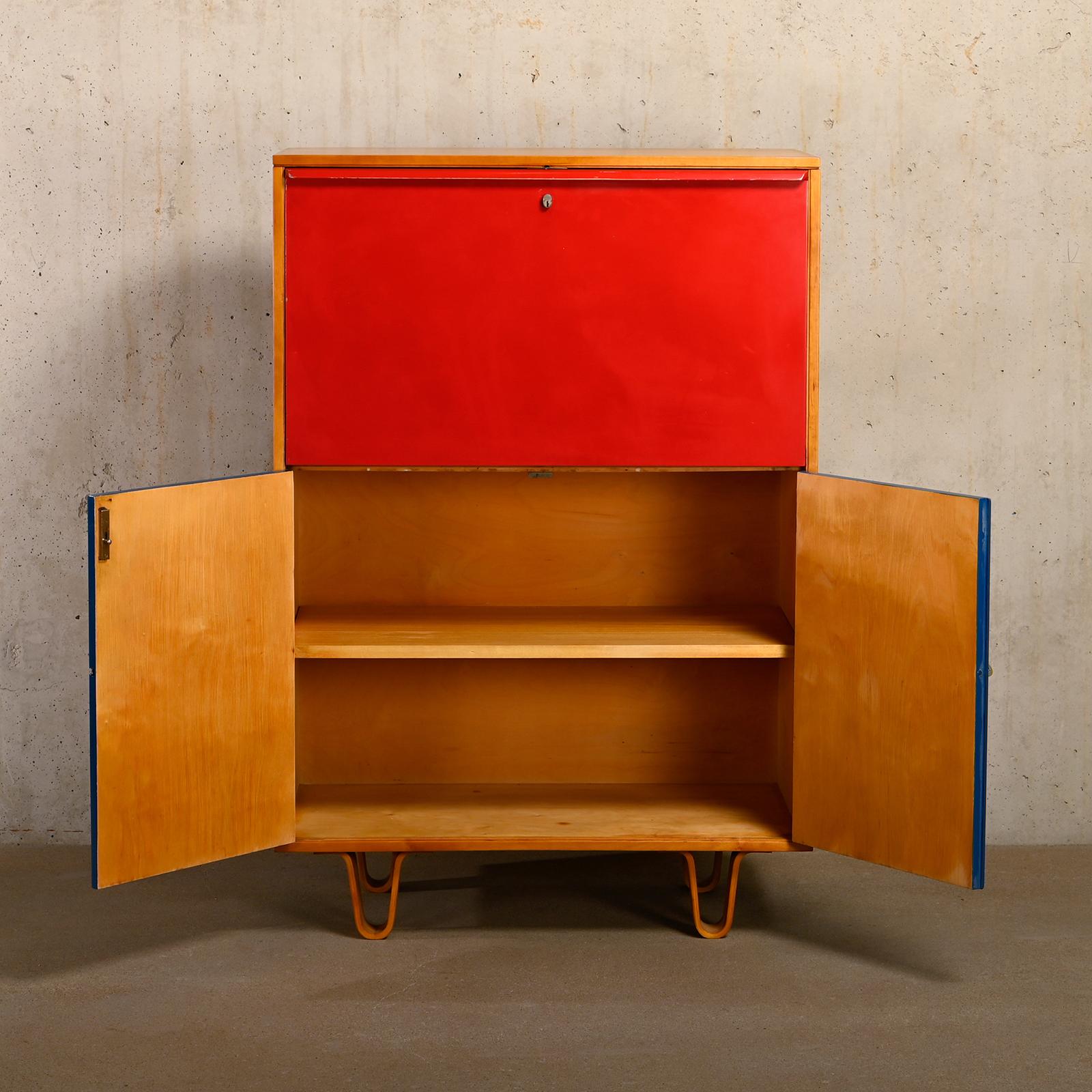 Dutch Cees Braakman CB07 Secretaire in Birch red / blue plywood for Pastoe Netherlands For Sale