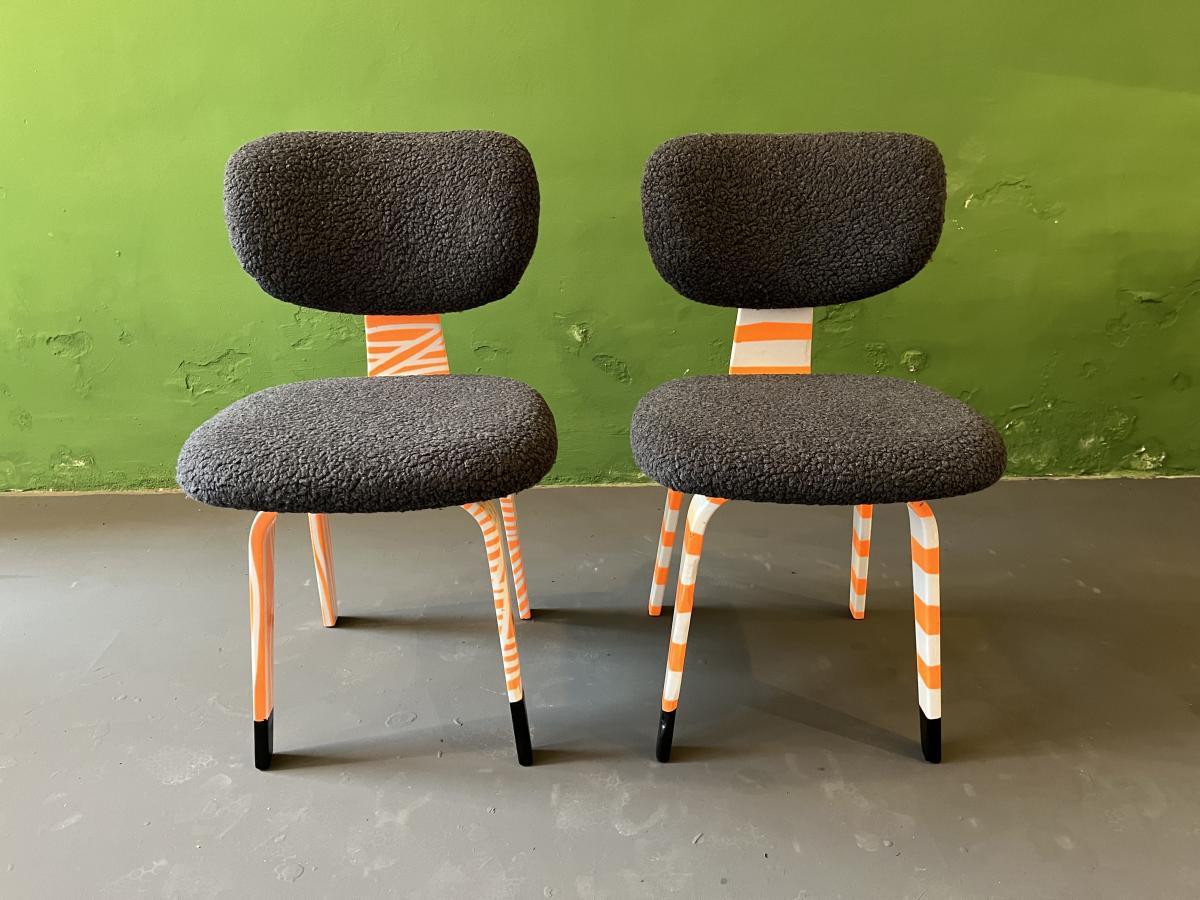 Set of 4 Cees Brrakman SB 02 chairs, re-modeled frames, painted in neon and white, upholstered in Bio Cotton Teddy Fabric. Mass produced classics made to be one of a kind, super cosy.
In 1956 Braakman visited the Eames couple in California,