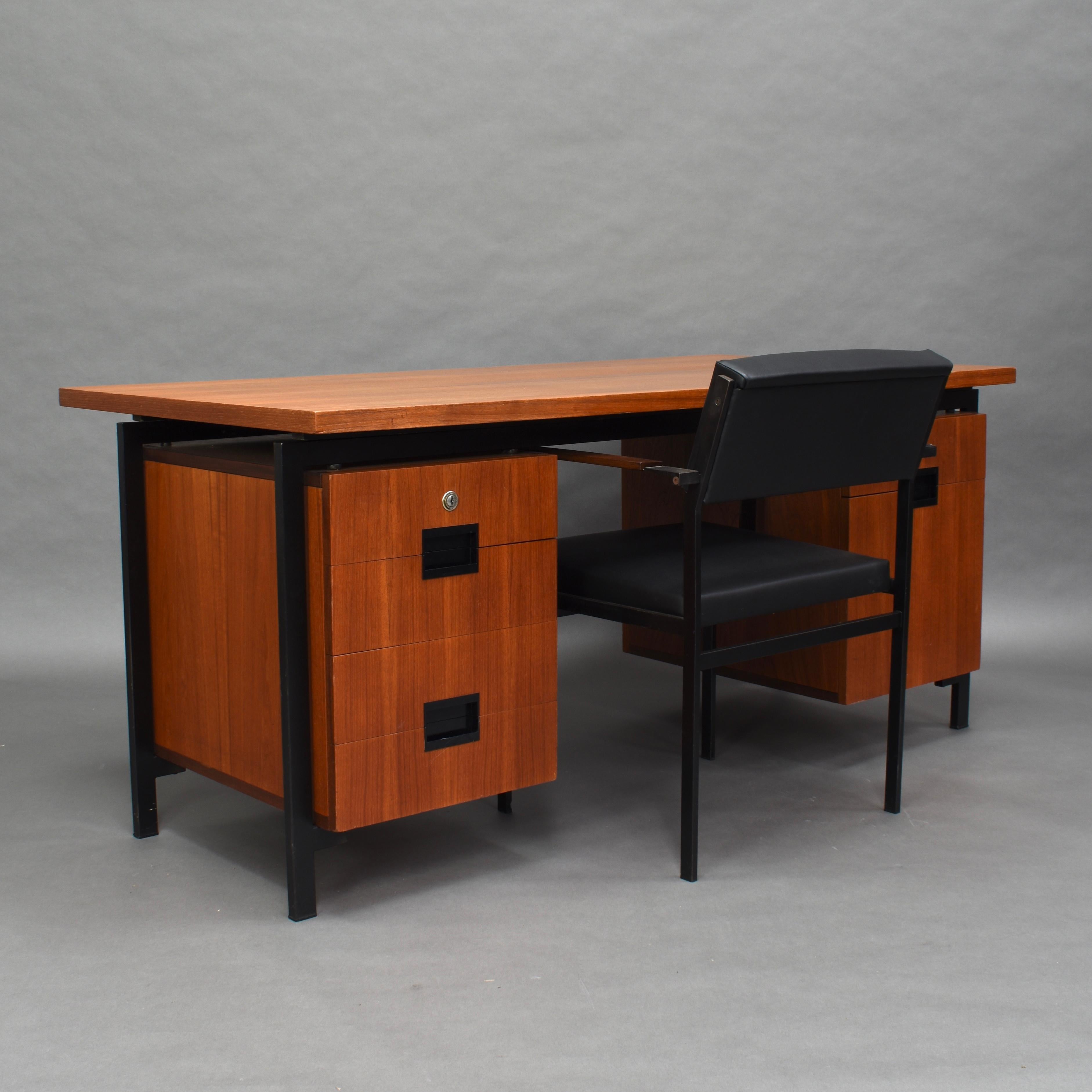 Japanese series desk and chair in teak by Cees Braakman for Pastoe, Netherlands, 1950s. Very cool to find as a matching set.

Model EU-02 desk and FM-17 armchair. The desk still has the original Pastoe key.

The small drawers are made of bent