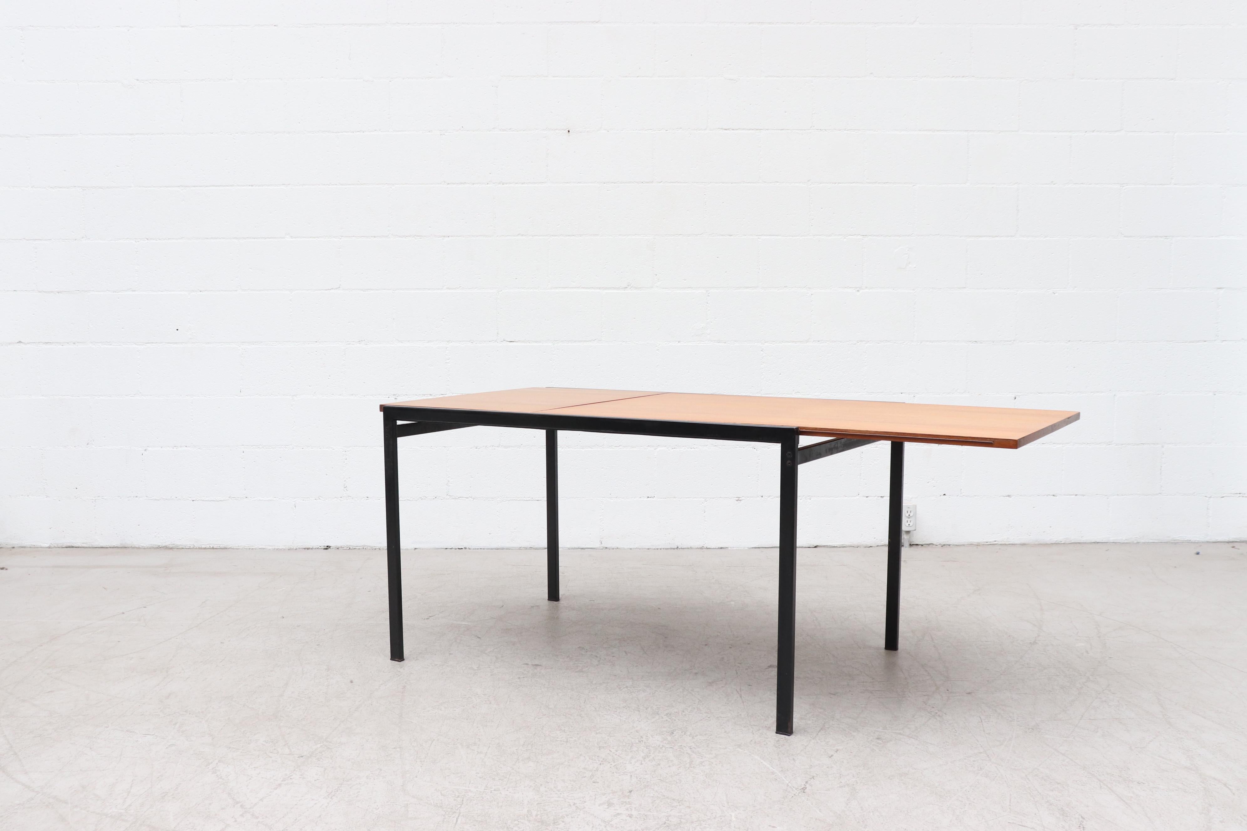 Dutch Cees Braakman Japanese Series Teak Extension Dining Table w/ Leaf & Black Frame For Sale