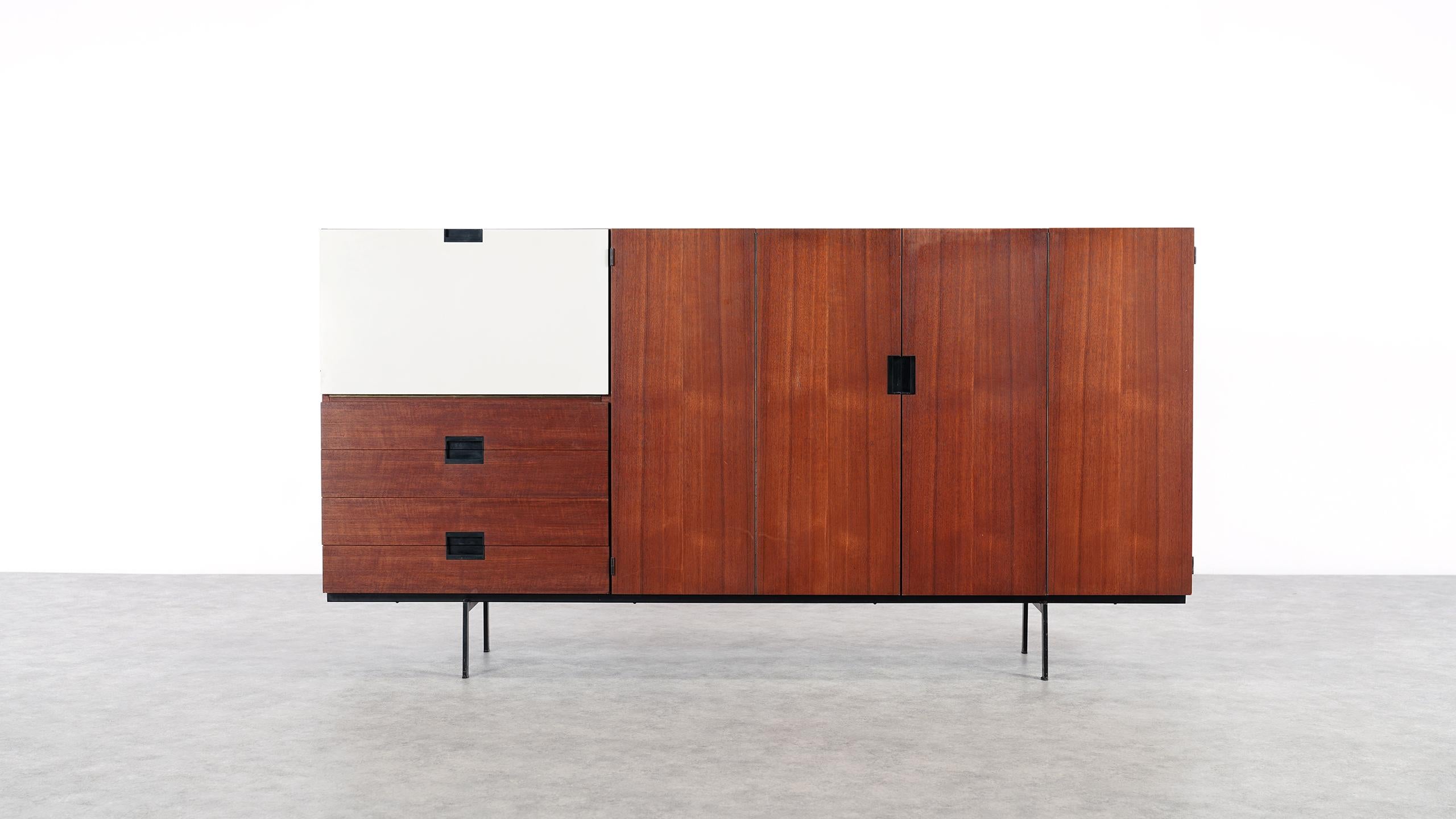 Minimalist teak office sideboard designed by Cees Braakman for Pastoe, the Netherlands, 1958. 

This highly collectable sideboard is regarded as a true icon of Dutch midcentury design. 
The sideboard has an outstanding clean geometrical design