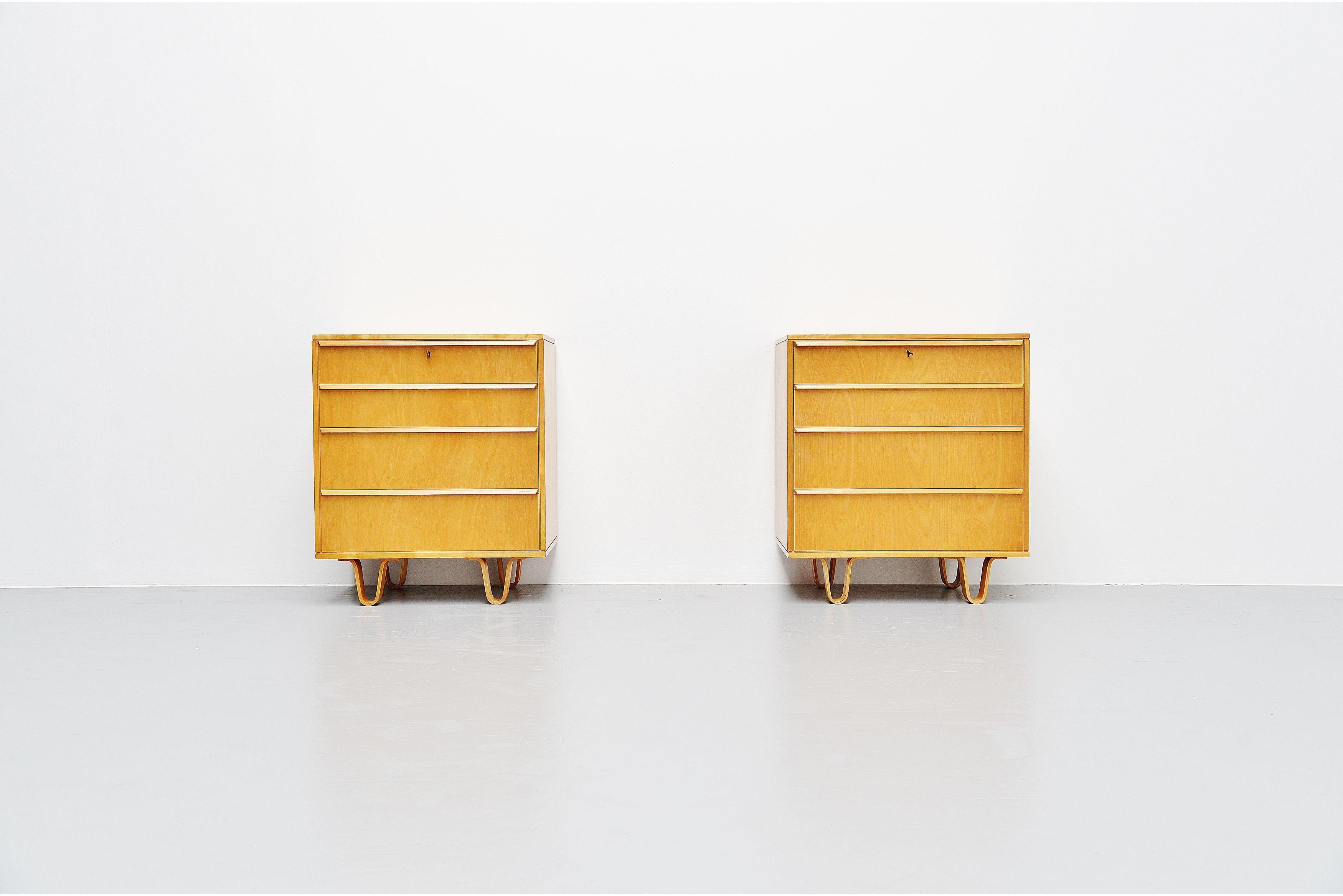 Nice and hard to find pair of CB05 drawer cabinets designed by Cees Braakman and manufactured by Pastoe UMS, Holland, 1952. These cabinets are made of birch plywood and have the typical bent drawers on the inside. This is from the birch series by