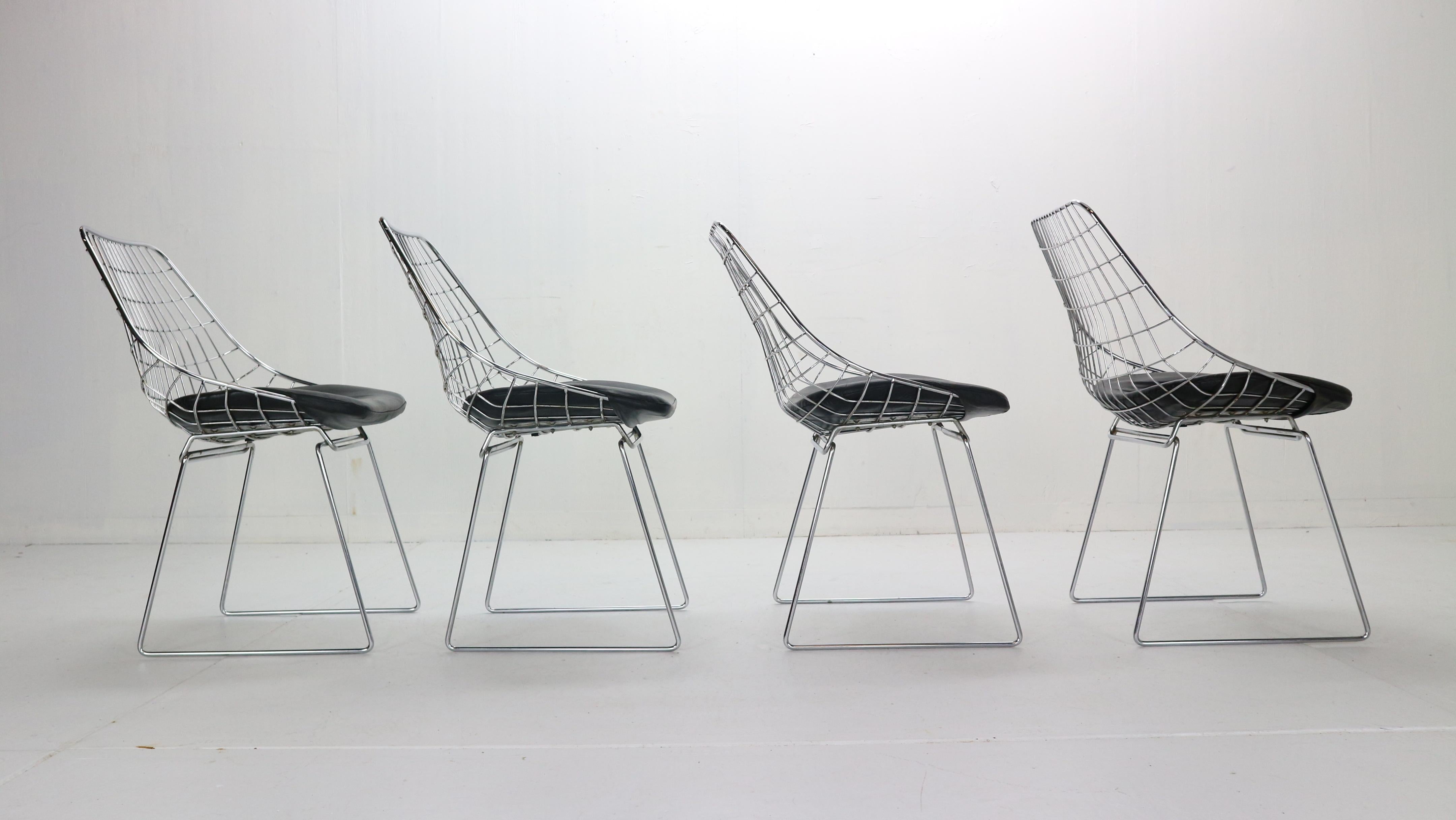 Leather Cees Braakman Set of 4 Wire Chairs Model, 'SM05' for Pastoe, 1950s