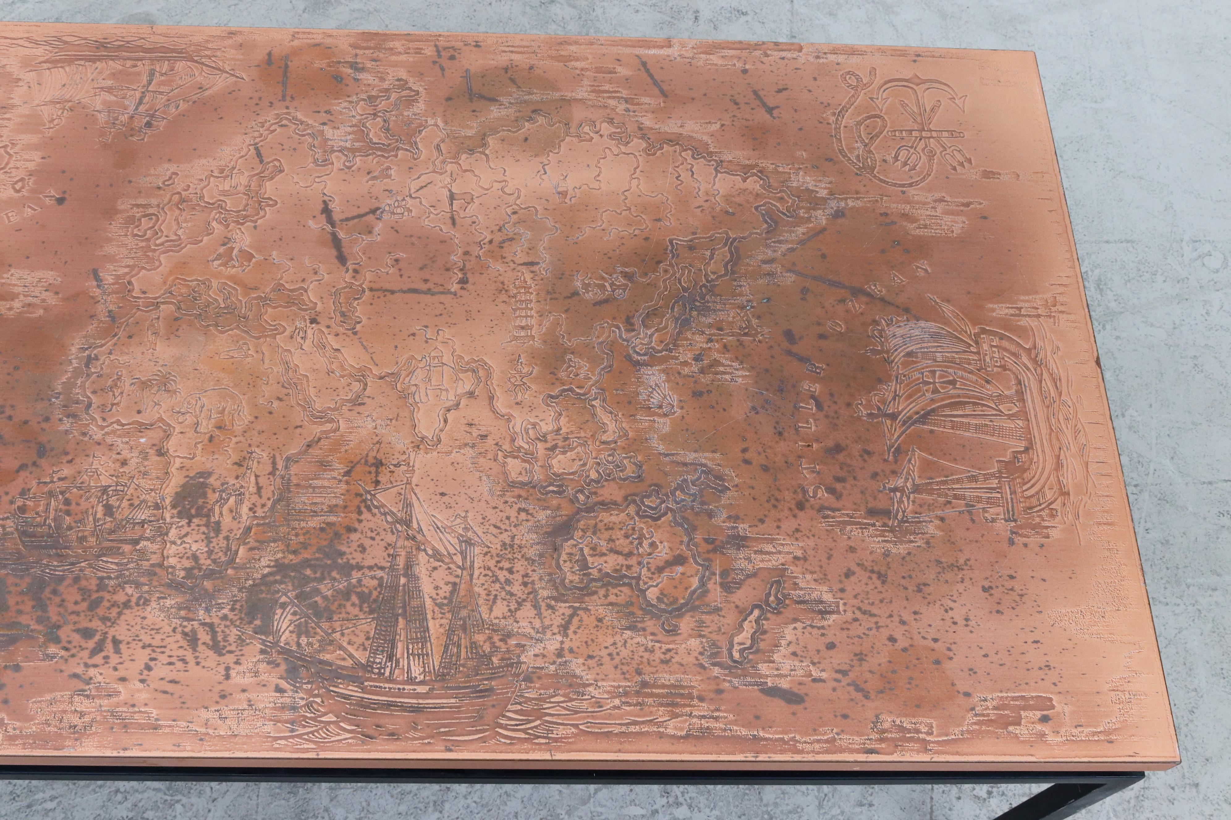 Cees Braakman Style Copper Map Coffee Table In Good Condition In Los Angeles, CA