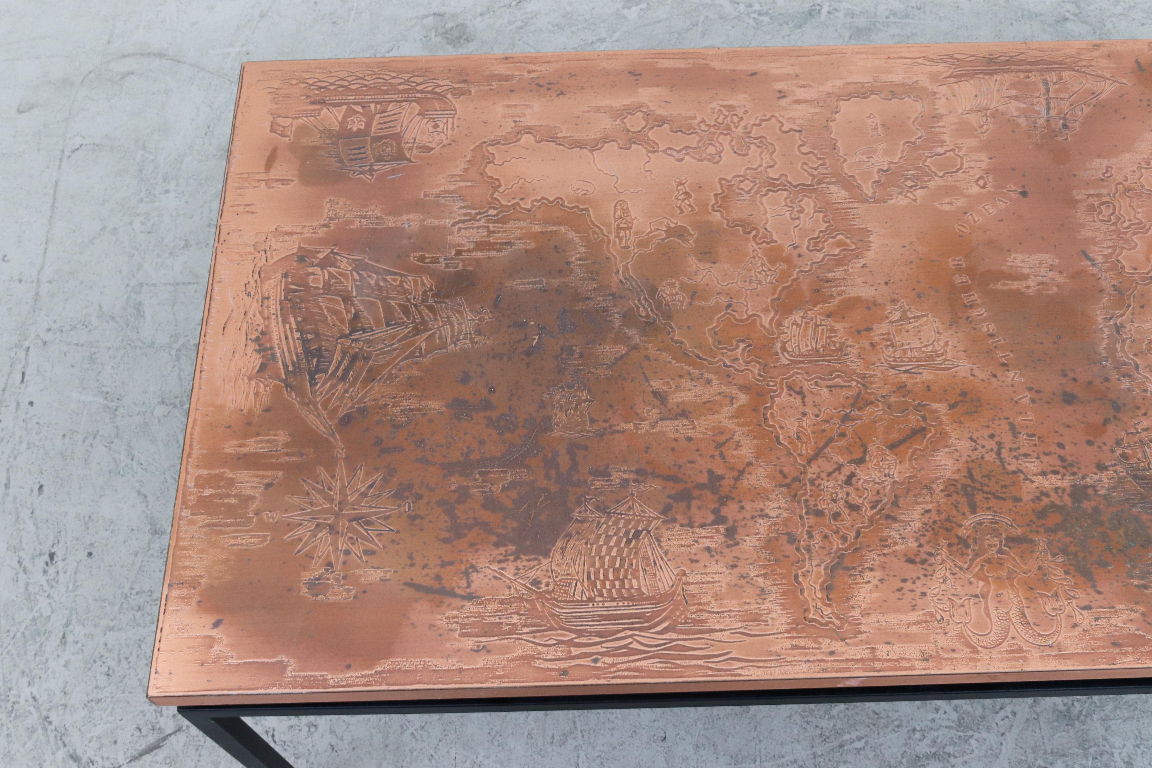 Metal Cees Braakman Style Copper Map Coffee Table