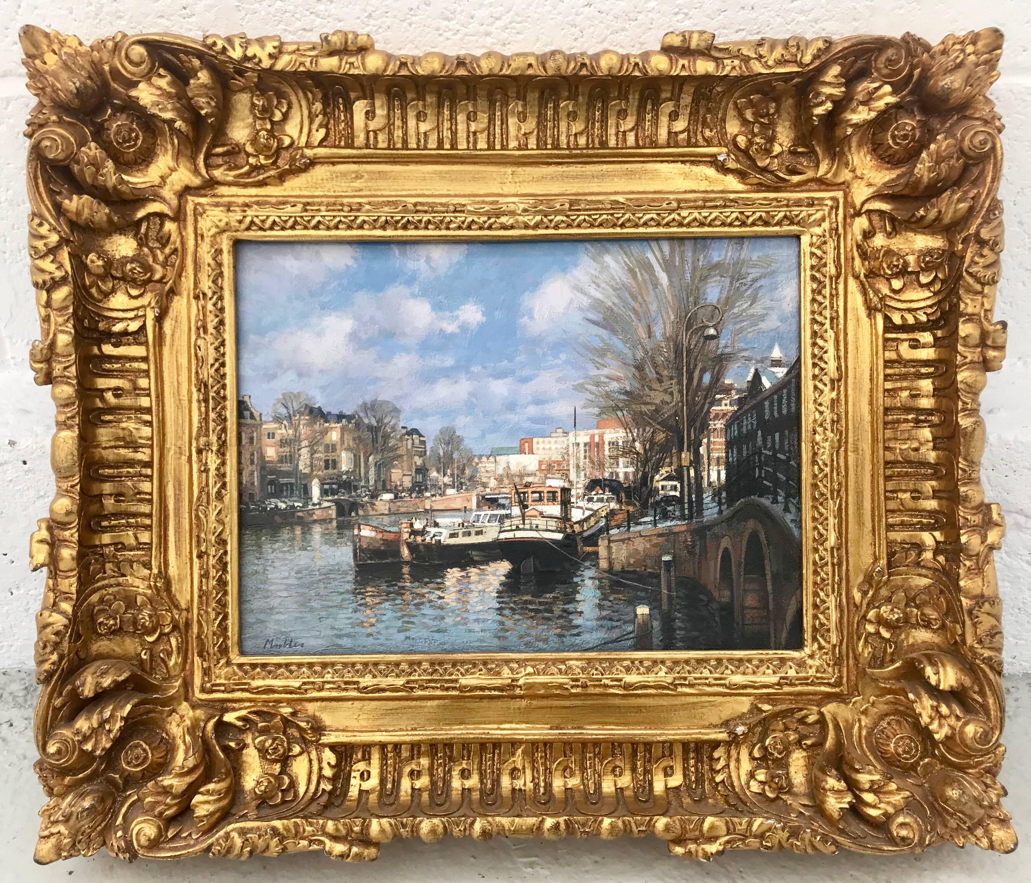 Ölgemälde des Amsterdamer Kanals von einem niederländischen Künstler für urbane Landschaften des 20. Jahrhunderts – Painting von Cees Muller
