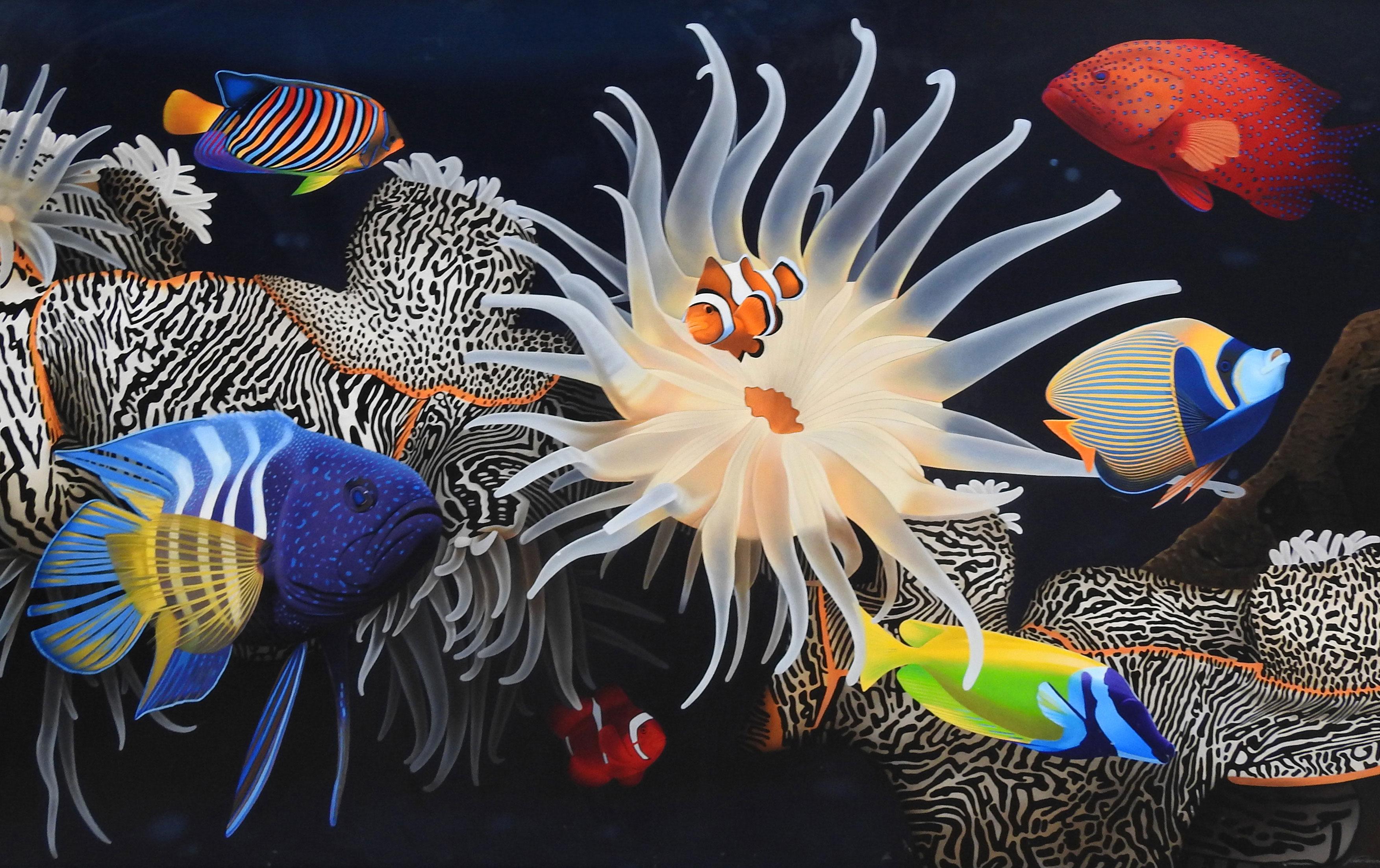 Step into a world where the ocean's vibrant life is captured with breathtaking precision in Cees Penning's photo-realistic painting. This oversized masterpiece immerses viewers in a captivating ocean reef scene, where the interplay of light and