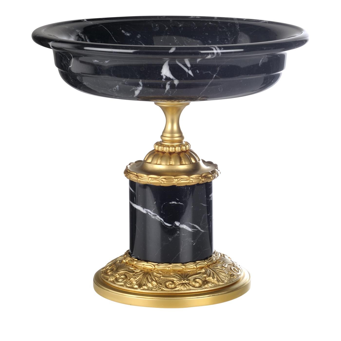 This magnificent centerpiece was made entirely by the hands of skilled artisans in Florence and the sophisticated elegance of its Classic design will enrich a dining table or an entryway. Its cylindrical pedestal in luxurious Marquina marble rests