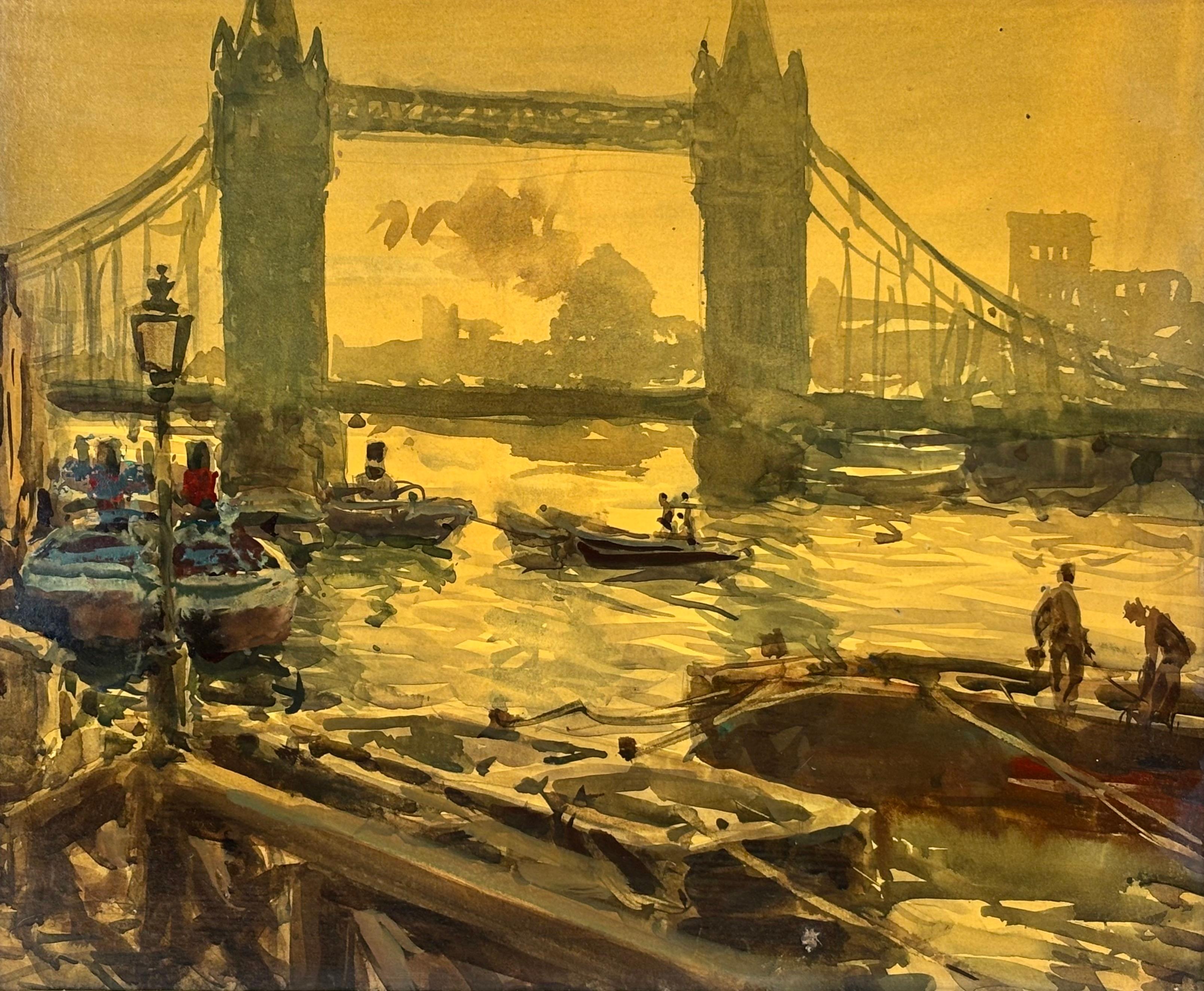 Acquerello impressionista di Ceferino Olivé sulle barche da lavoro di Londra