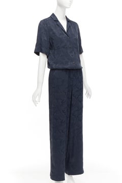 CEFINN Spencer navy camouflage jacquard satin cropped wide jumpsuit UK6 XS