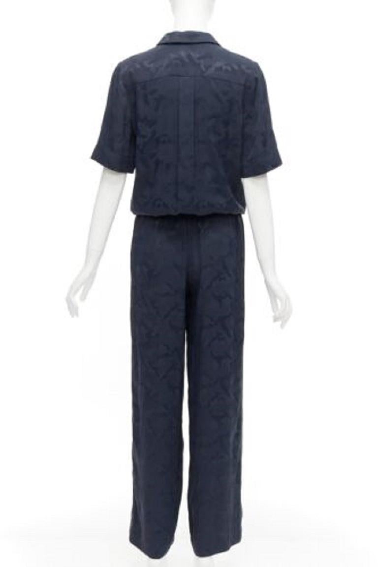 Women's CEFINN Spencer navy camouflage jacquard satin cropped wide jumpsuit UK6 XS For Sale