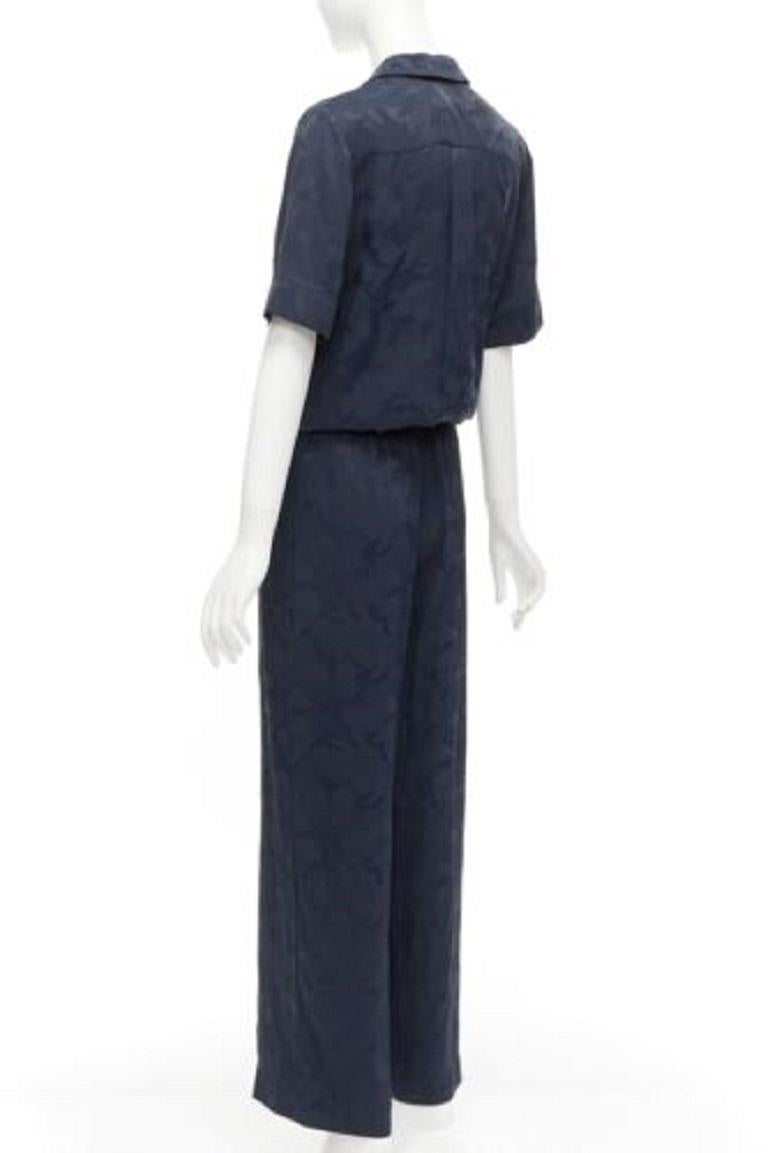 CEFINN Spencer navy camouflage jacquard satin cropped wide jumpsuit UK6 XS For Sale 1