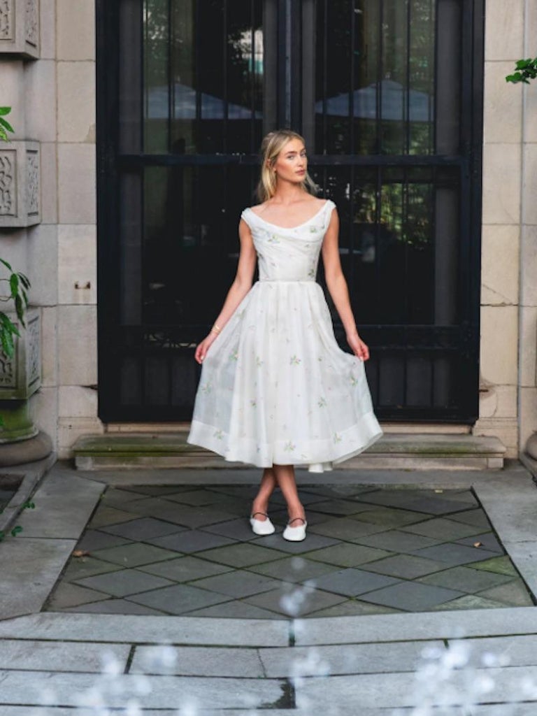 Ceil Chapman 1950's White Linen Dress with Embroidered Flowers at