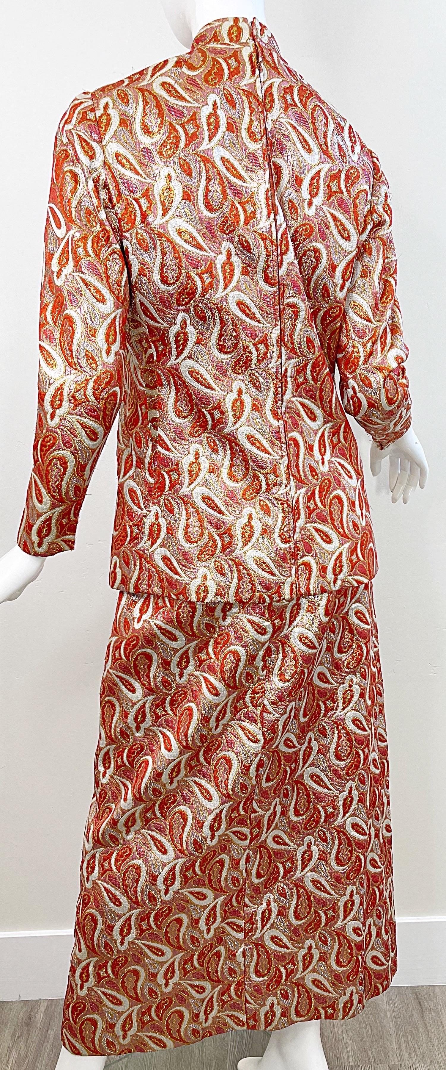 Ceil Chapman 1960s Orange Gold Silk Brocade Paisley Print Gown Dress + Tunic 60s For Sale 5
