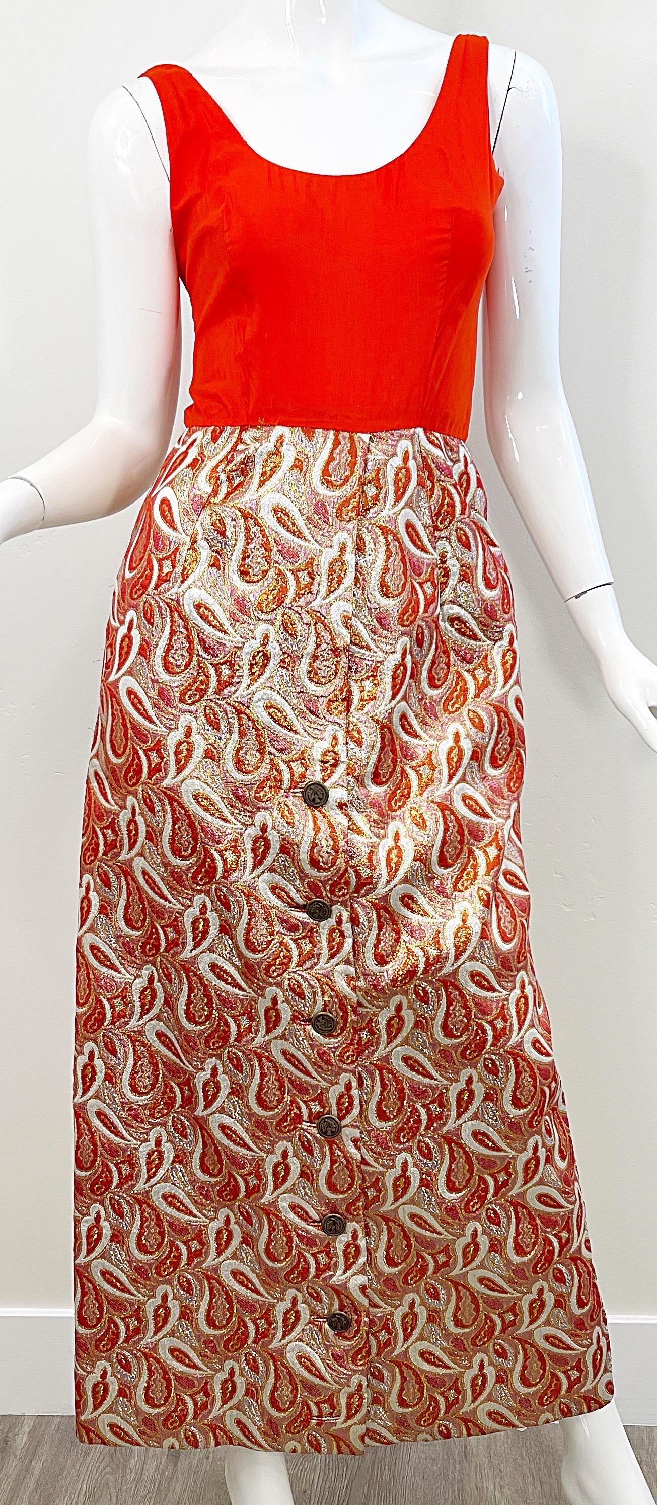 Ceil Chapman 1960er Jahre Orange Gold Seidenbrokat Kleid mit Paisleymuster + Tunika 60er Jahre im Angebot 6