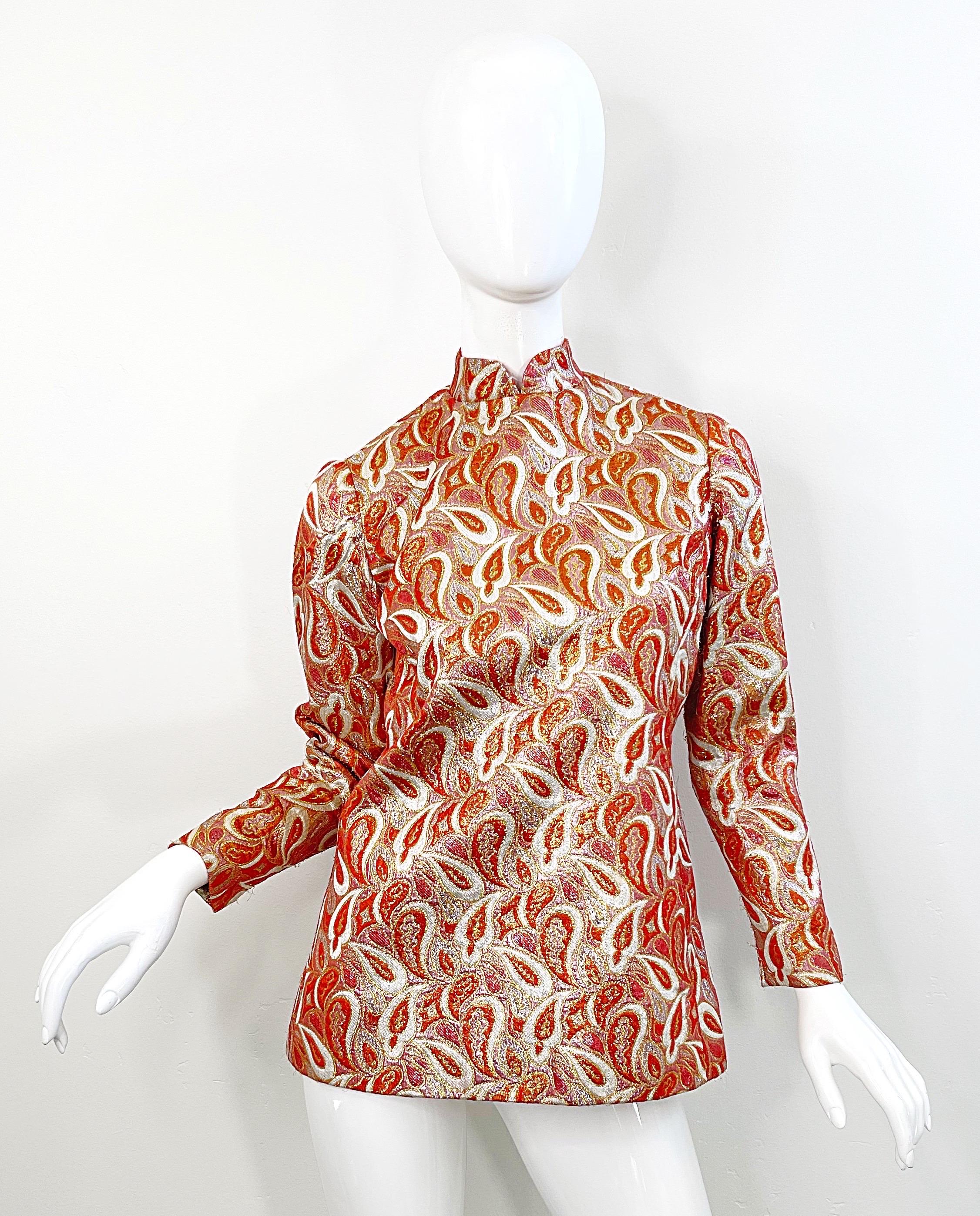 Ceil Chapman 1960s Orange Gold Silk Brocade Paisley Print Gown Dress + Tunic 60s For Sale 7