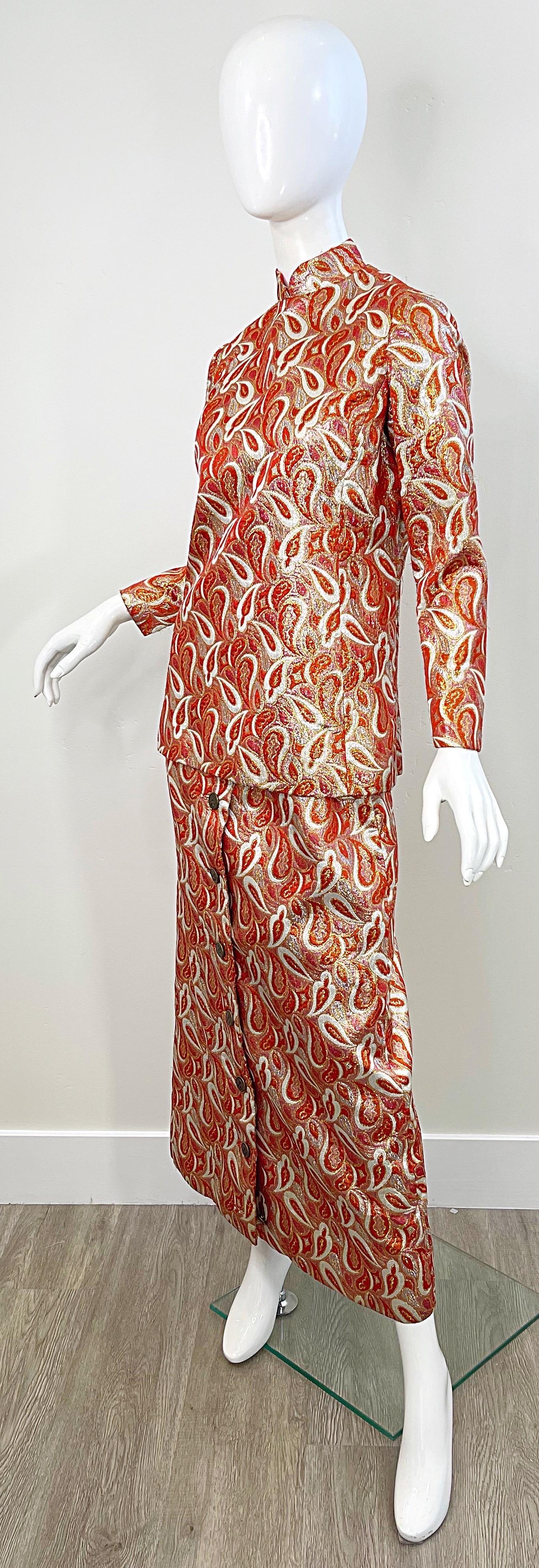 Ceil Chapman 1960s Orange Gold Silk Brocade Paisley Print Gown Dress + Tunic 60s For Sale 8