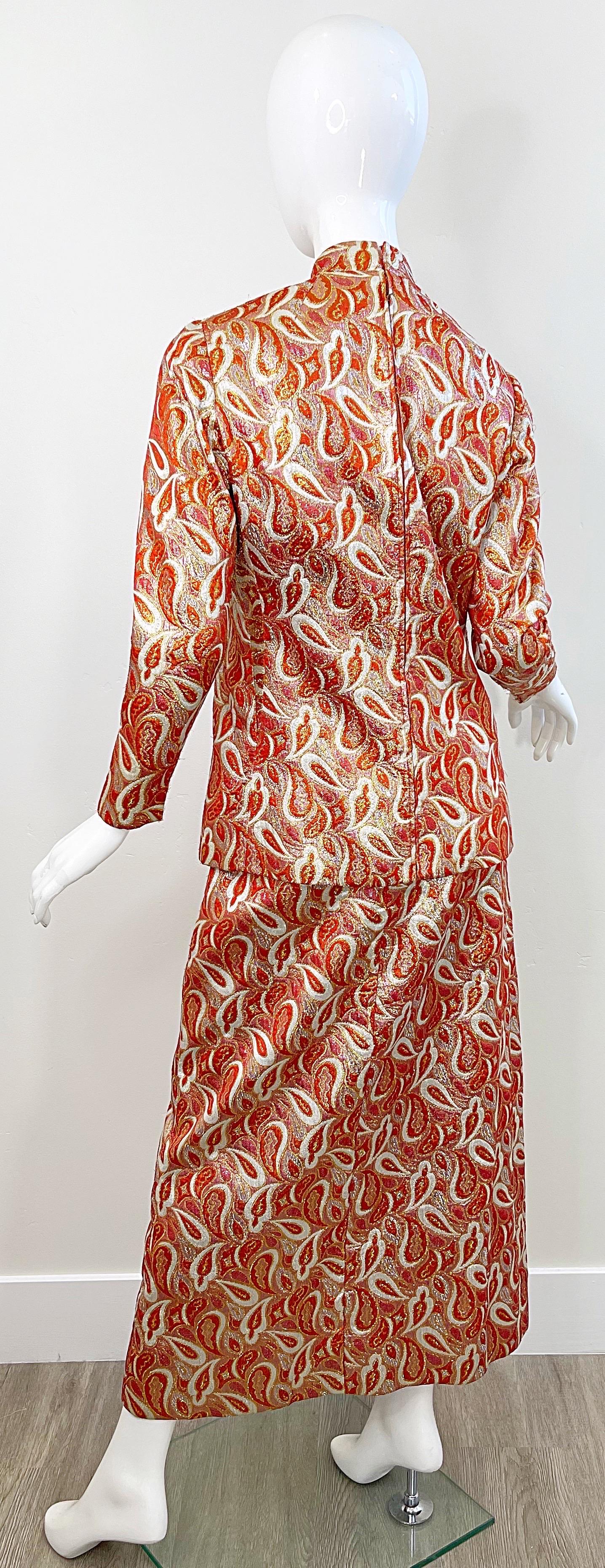 Ceil Chapman 1960s Orange Gold Silk Brocade Paisley Print Gown Dress + Tunic 60s For Sale 9