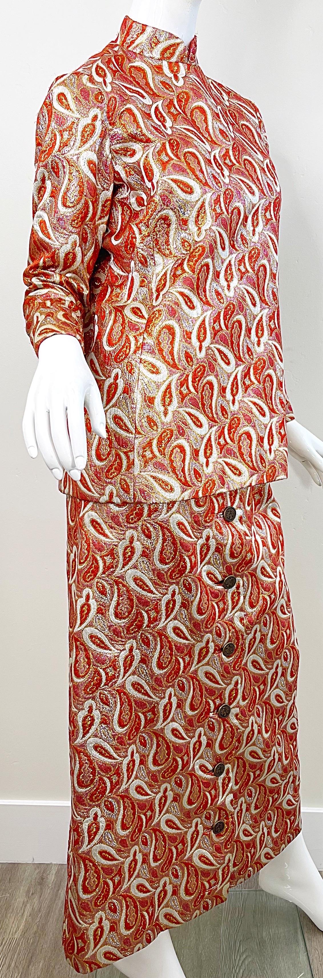 Ceil Chapman 1960s Orange Gold Silk Brocade Paisley Print Gown Dress + Tunic 60s For Sale 10