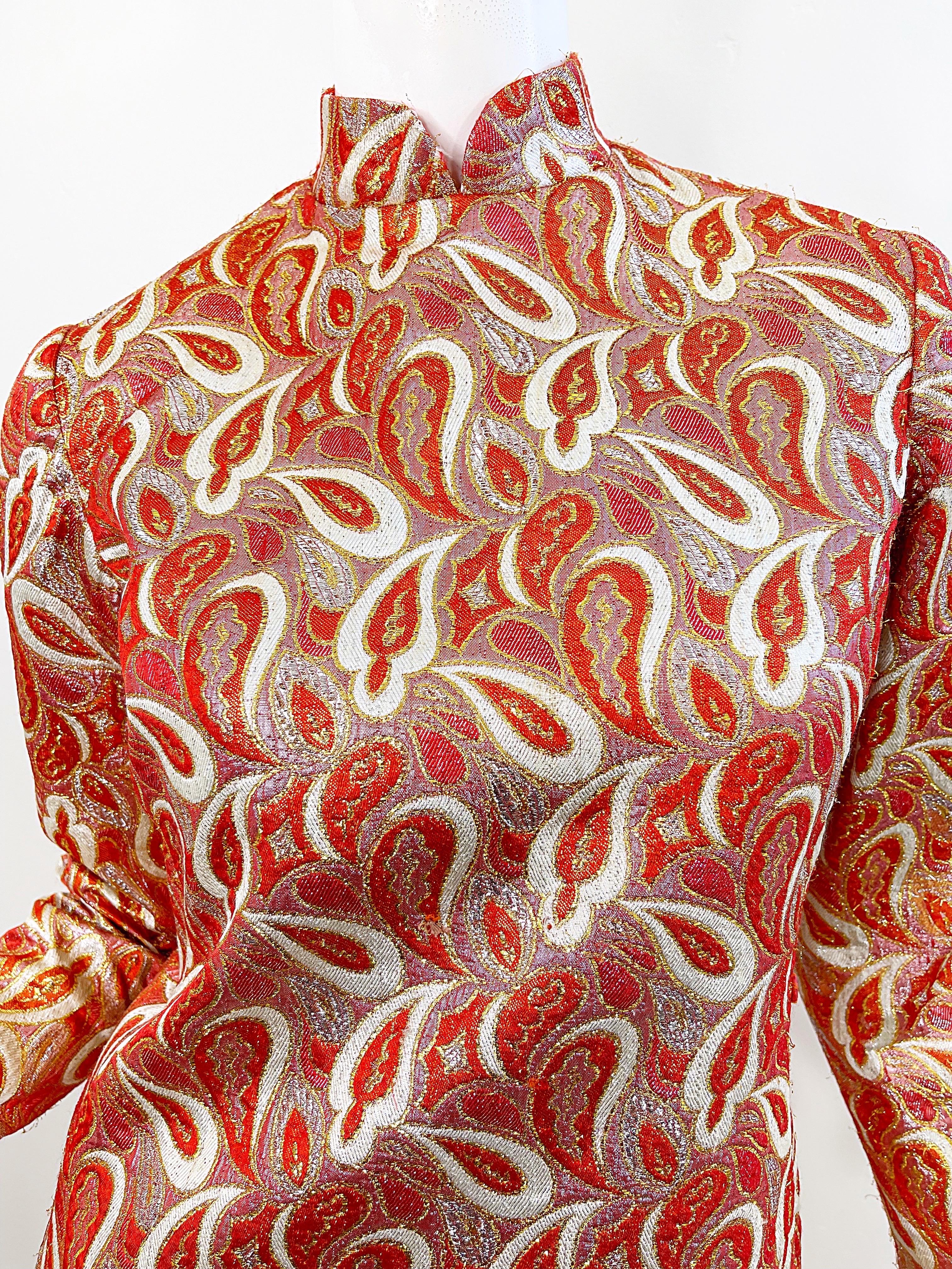 Ceil Chapman 1960s Orange Gold Silk Brocade Paisley Print Gown Dress + Tunic 60s For Sale 11