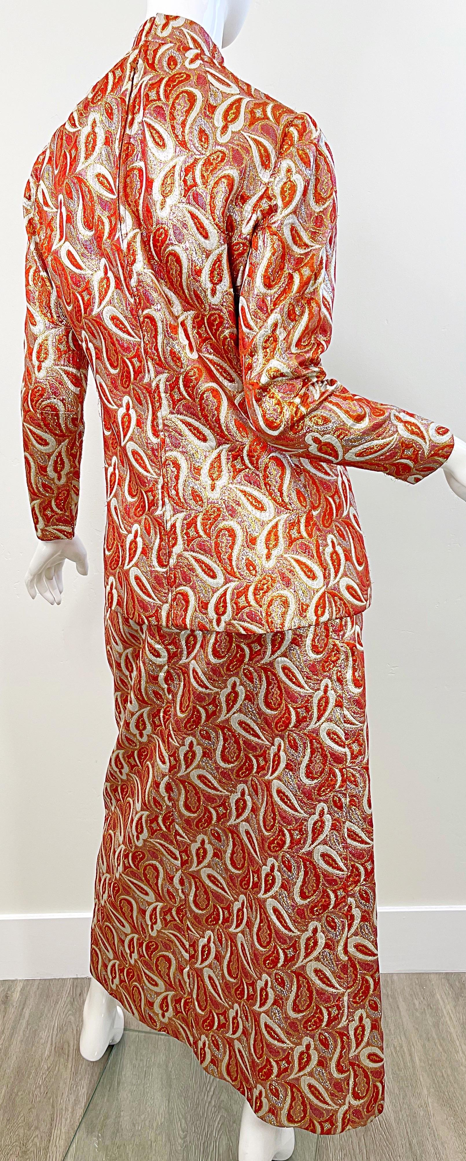 Ceil Chapman 1960s Orange Gold Silk Brocade Paisley Print Gown Dress + Tunic 60s For Sale 12
