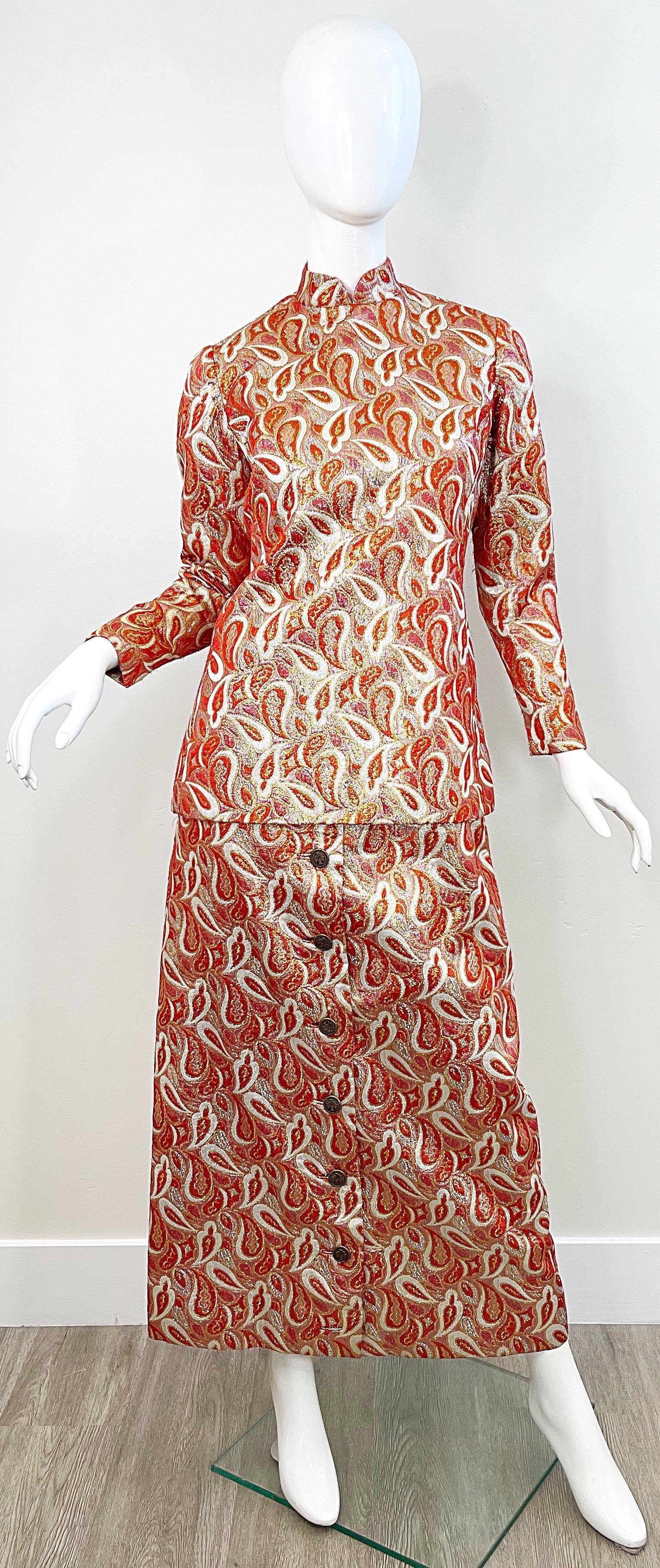 Ceil Chapman 1960s Orange Gold Silk Brocade Paisley Print Gown Dress + Tunic 60s For Sale 13