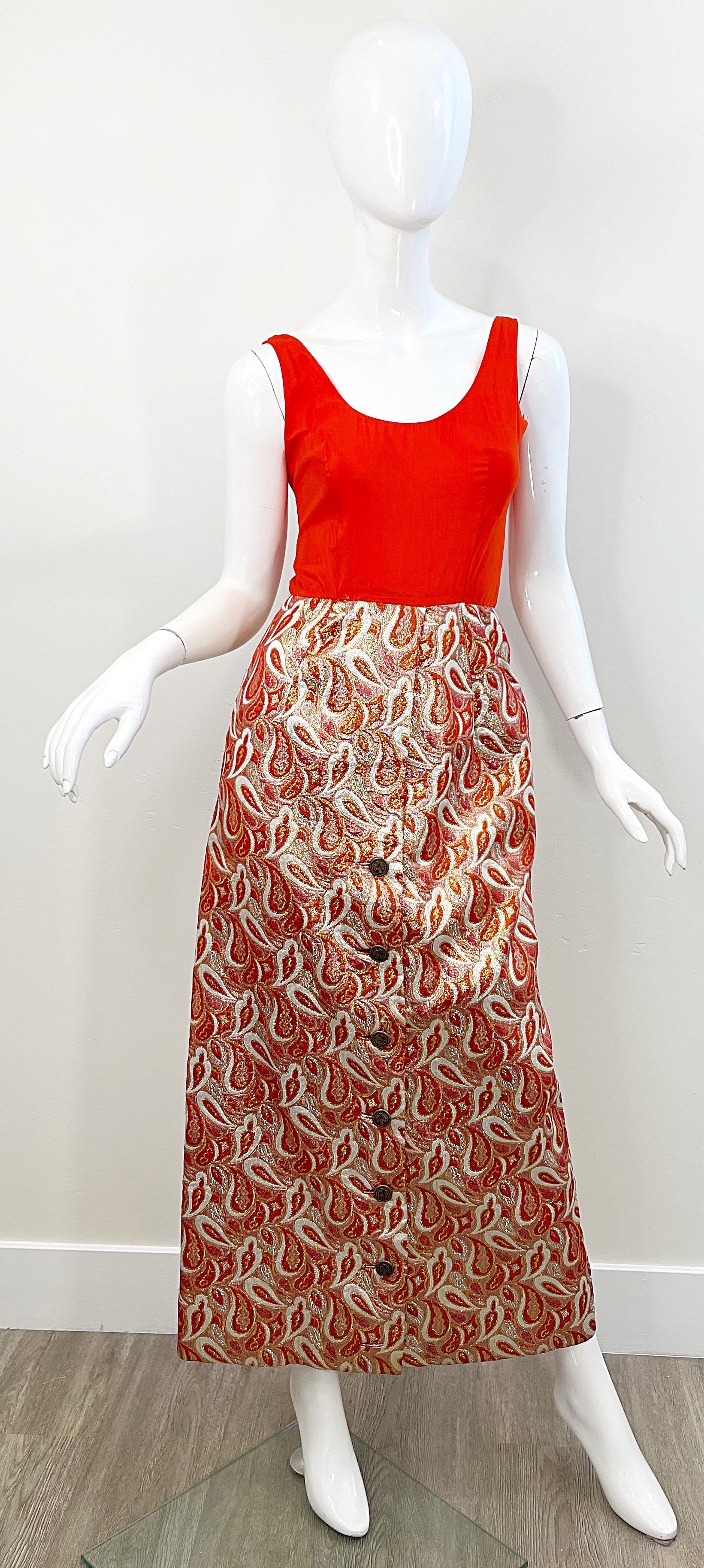 Brown Ceil Chapman 1960s Orange Gold Silk Brocade Paisley Print Gown Dress + Tunic 60s For Sale