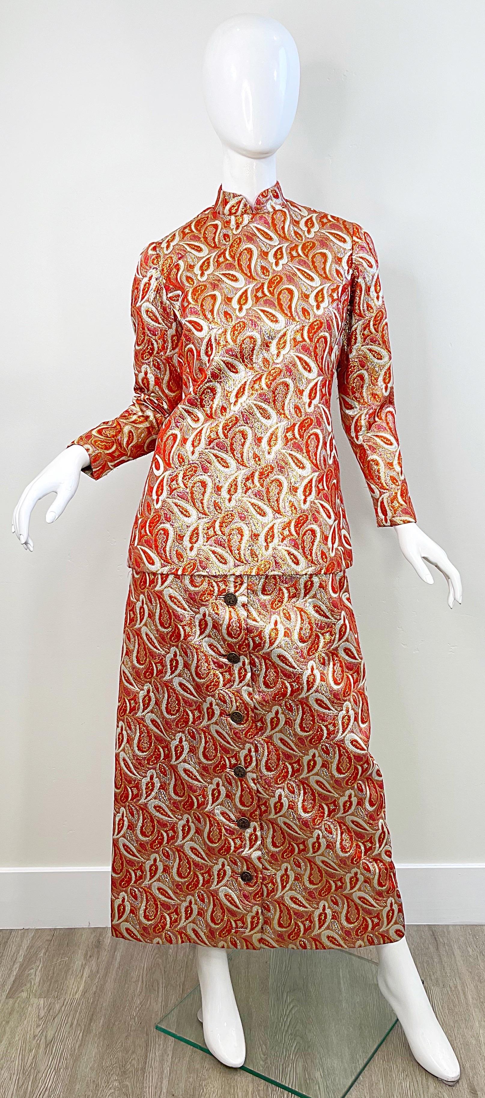 Ceil Chapman 1960s Orange Gold Silk Brocade Paisley Print Gown Dress + Tunic 60s In Excellent Condition For Sale In San Diego, CA