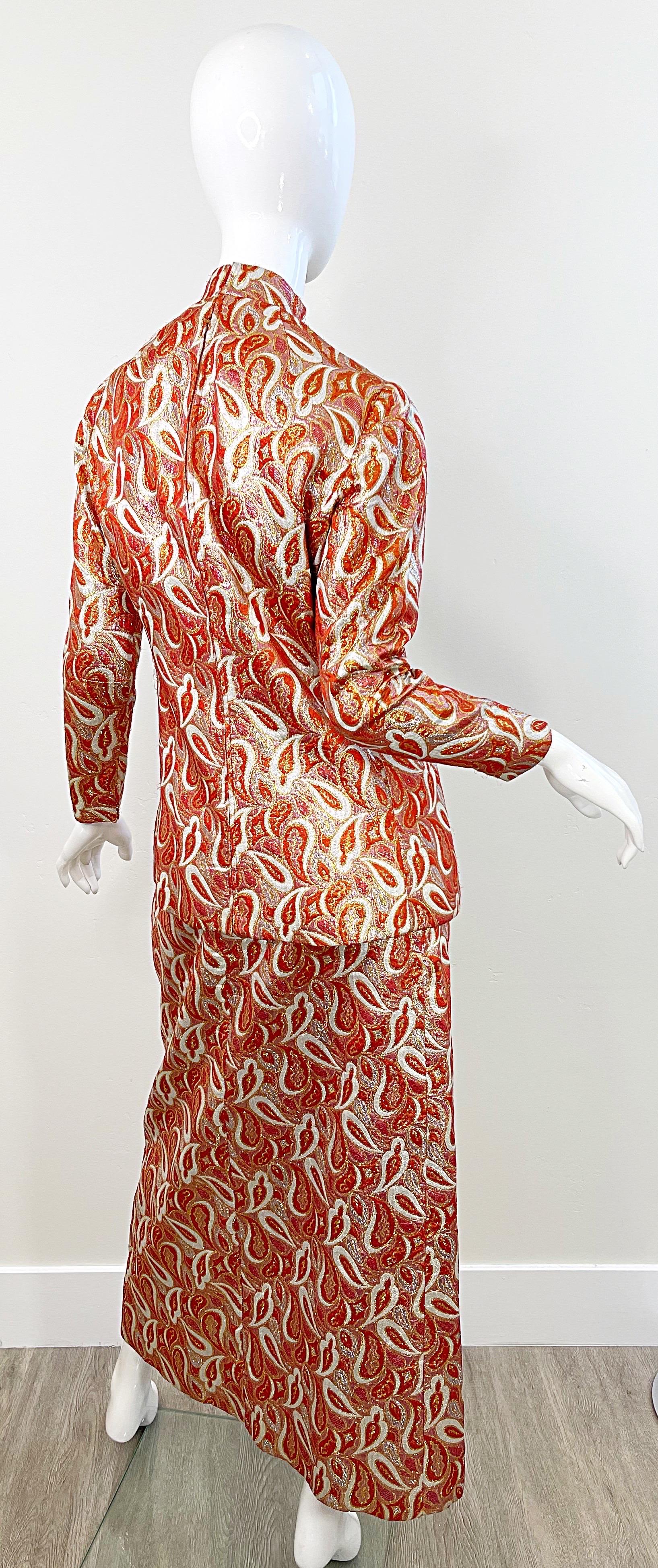 Women's Ceil Chapman 1960s Orange Gold Silk Brocade Paisley Print Gown Dress + Tunic 60s For Sale