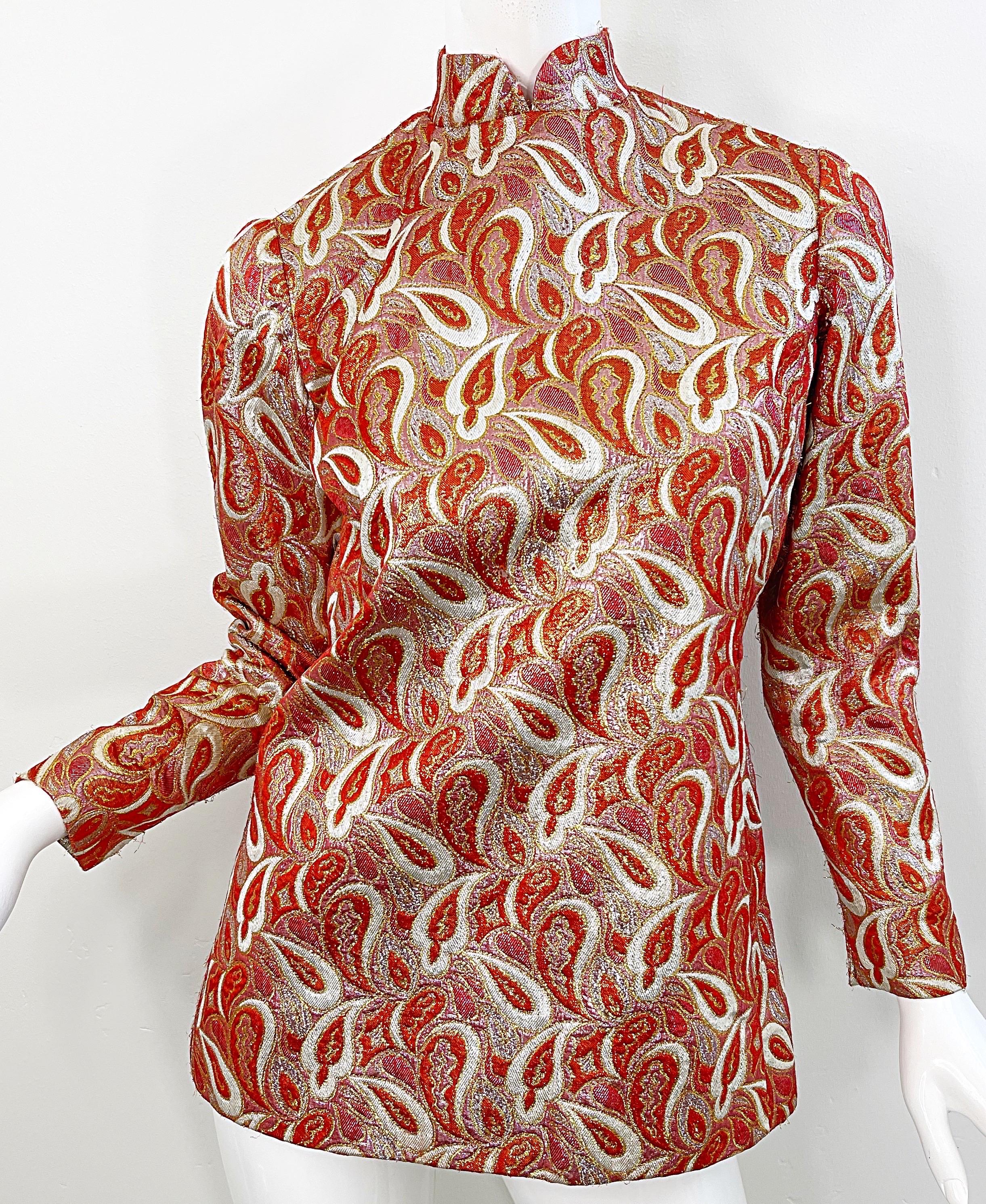 Ceil Chapman 1960s Orange Gold Silk Brocade Paisley Print Gown Dress + Tunic 60s For Sale 1