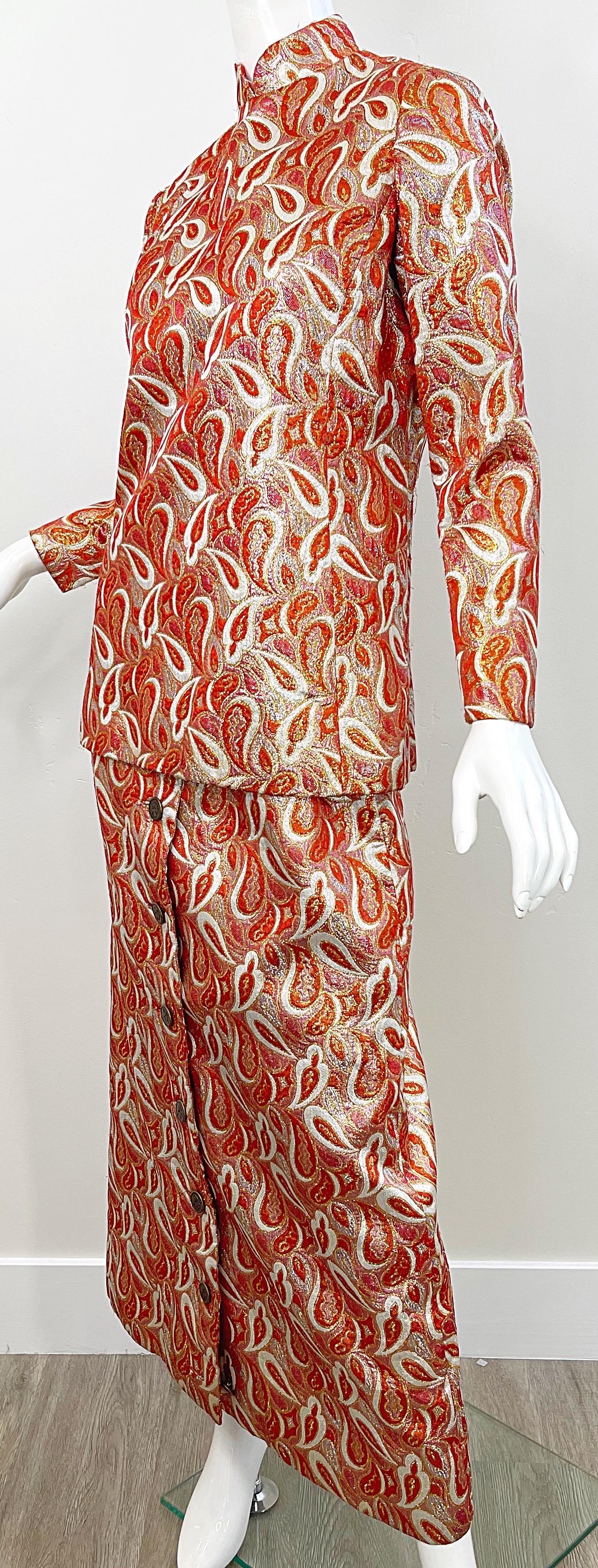 Ceil Chapman 1960s Orange Gold Silk Brocade Paisley Print Gown Dress + Tunic 60s For Sale 2