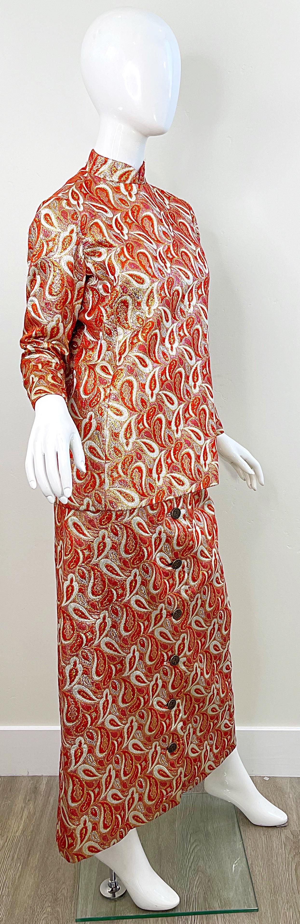 Ceil Chapman 1960s Orange Gold Silk Brocade Paisley Print Gown Dress + Tunic 60s For Sale 3