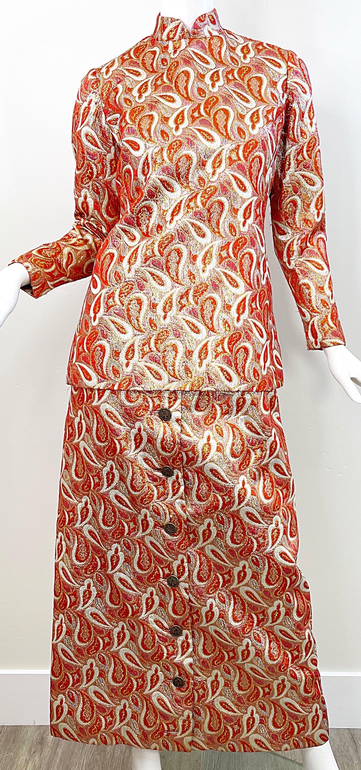 Ceil Chapman 1960s Orange Gold Silk Brocade Paisley Print Gown Dress + Tunic 60s For Sale 4