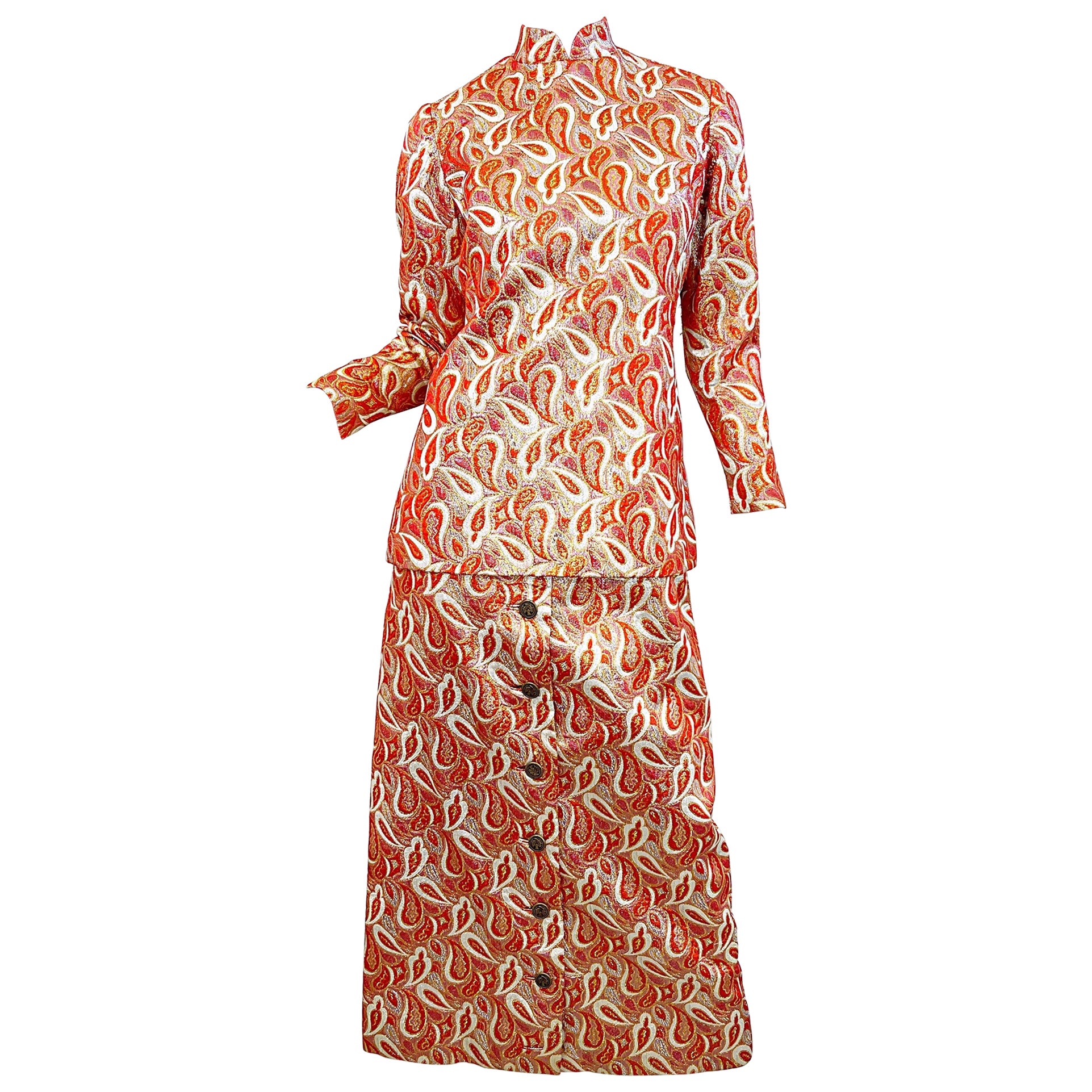 Ceil Chapman 1960s Arancione Oro Seta Broccato Stampa Paisley Abito + Tunica 60s