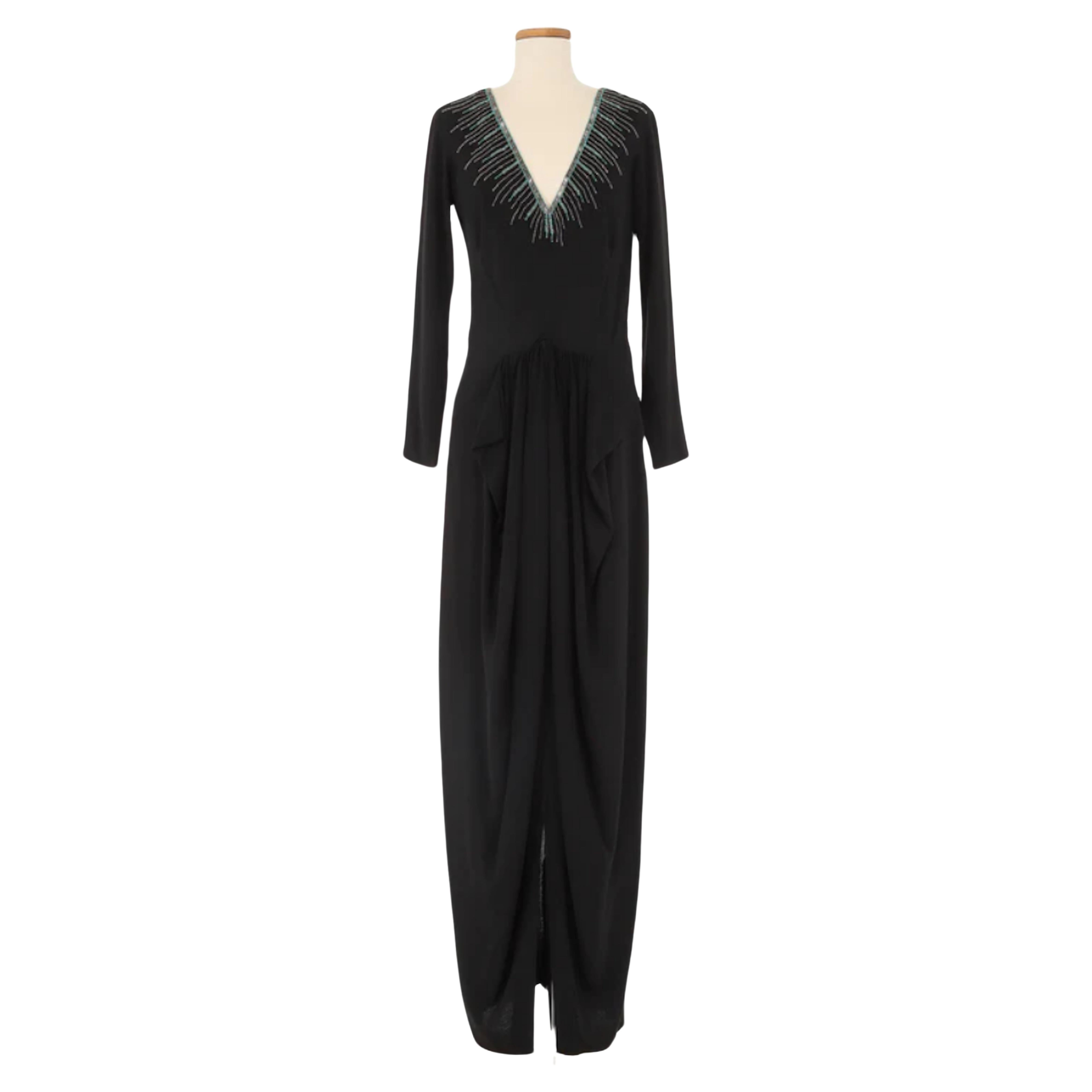 Ceil Chapman Vestido negro de manga larga adornado Años 40-1950 en venta