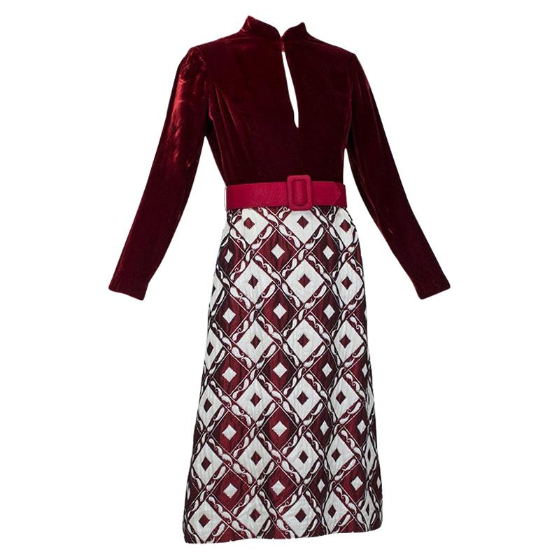 Ceil Chapman Burgundy Velvet Quilted Brocade A-Line Shirtwaist Dress-XS-S, 1960s