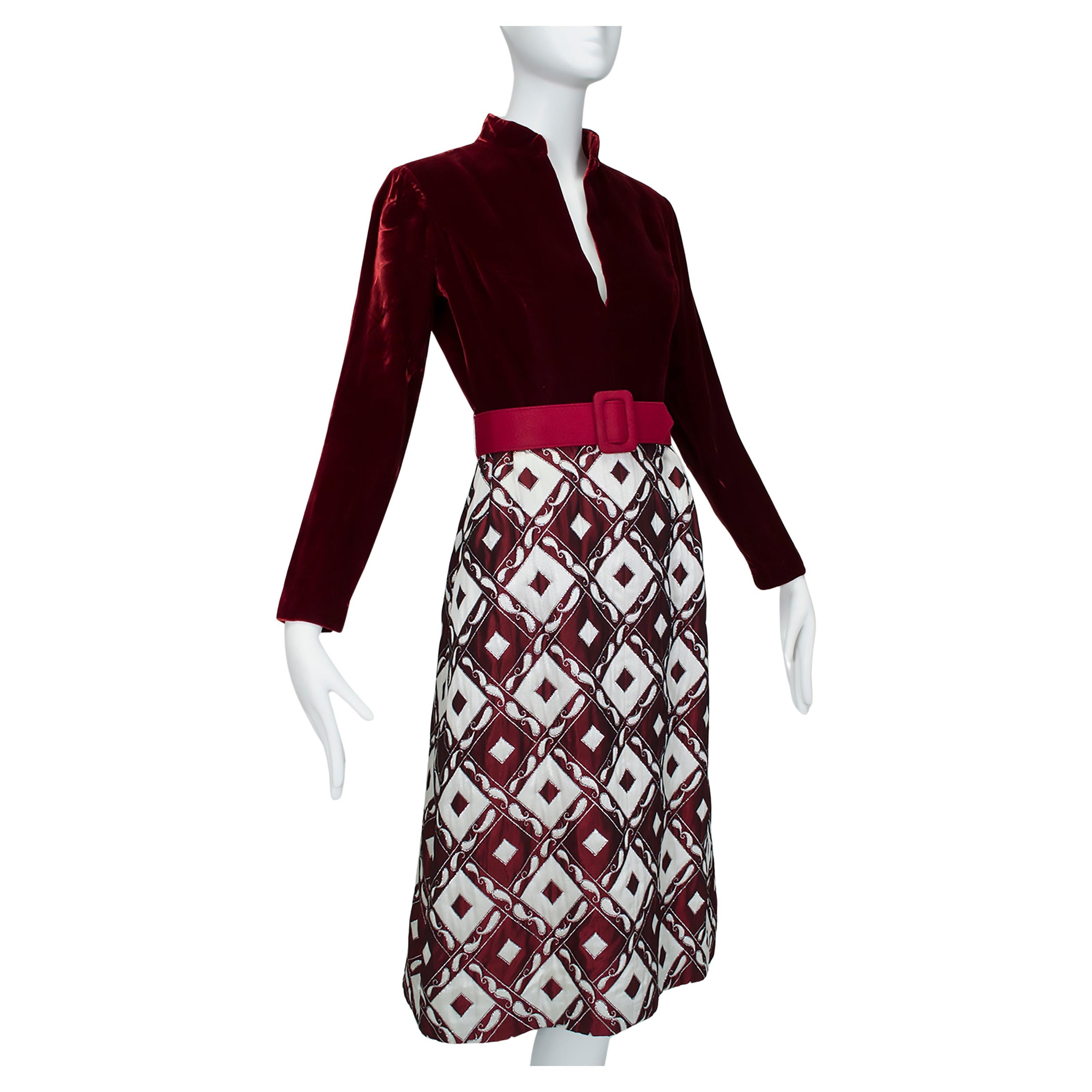 Ceil Chapman Burgundy Velvet Quilted Metallic Brocade Day Dress - XS 1960s For Sale