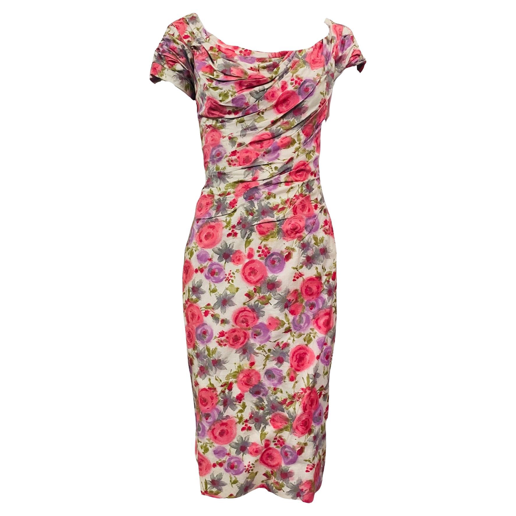 Ceil Chapman Floral Cotton Sexy Shirred Wiggle Dress, 1950s