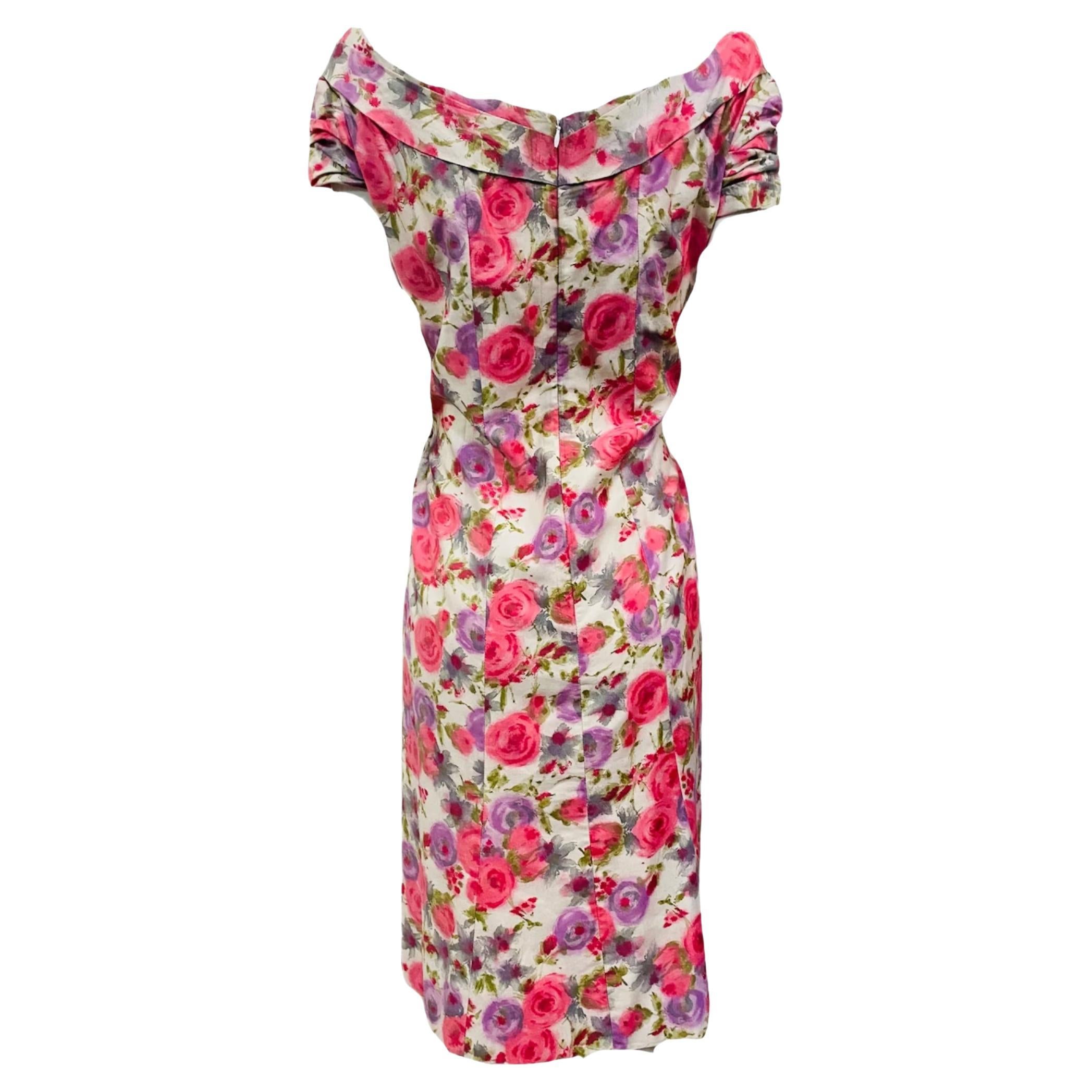 Ceil Chapman Algodón Floral Sexy Shirred Wiggle Dress, Años 50 en venta